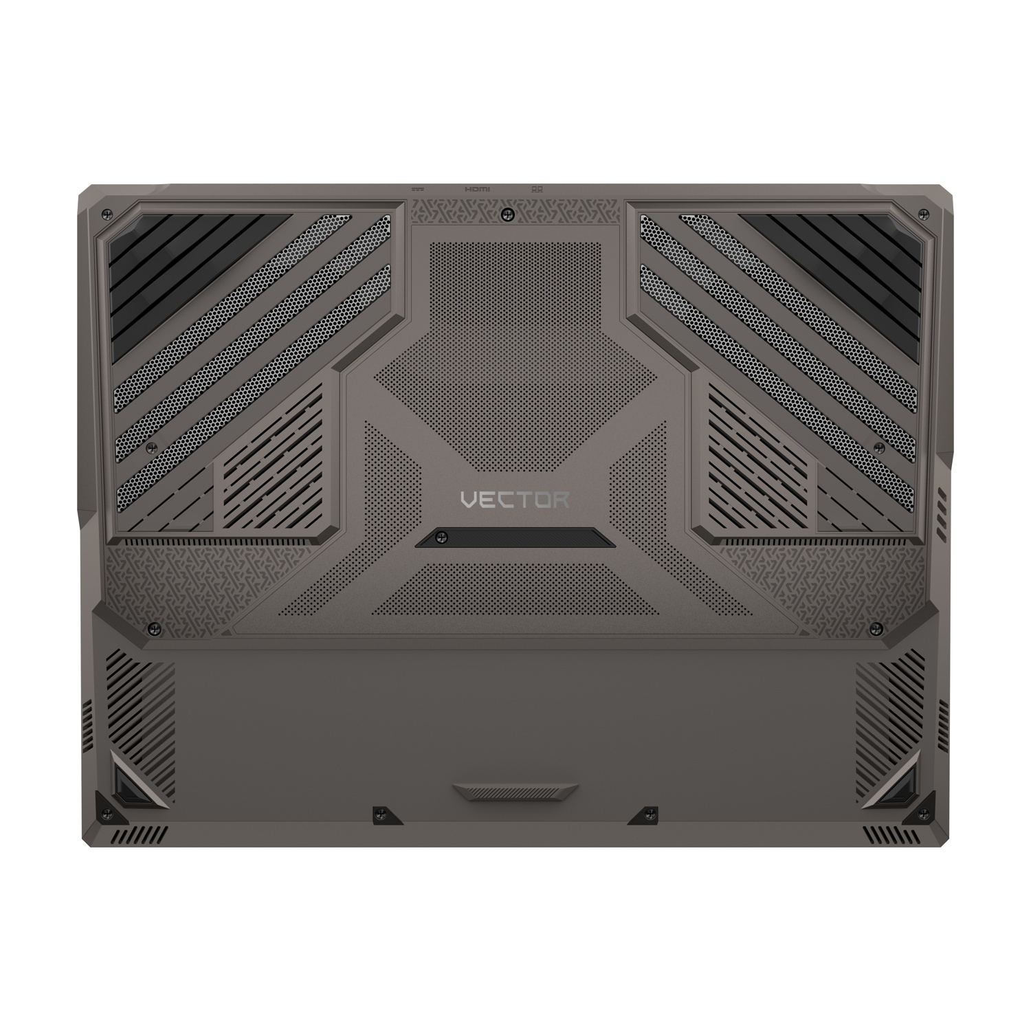 Il retro di un laptop grigio con un design a motivi, la parola VECTOR e multiple prese d'aria.