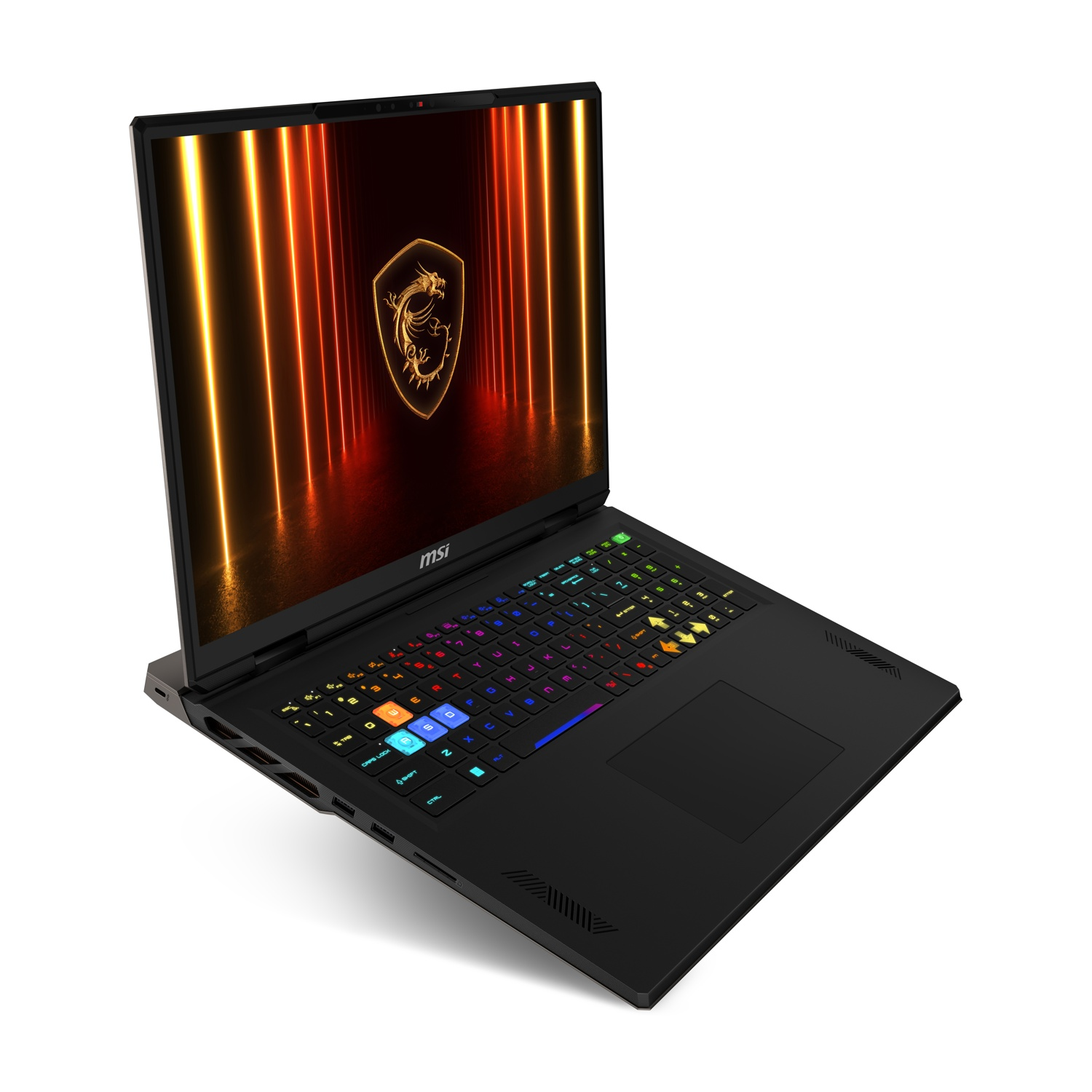 Laptop MSI nero con tastiera illuminata e schermo con logo, su sfondo bianco.