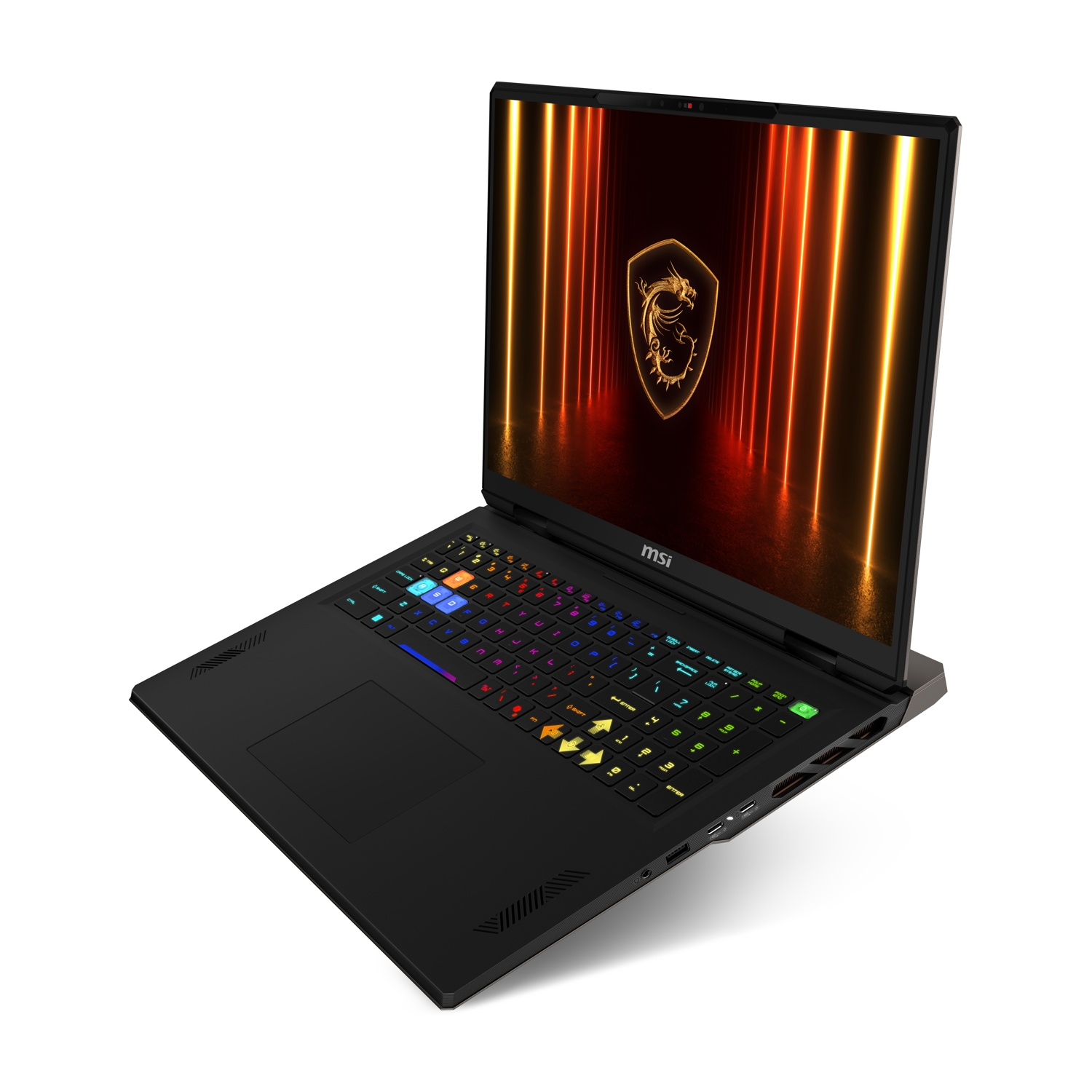 Laptop da gaming MSI nero con tastiera retroilluminata colorata. Lo schermo mostra un logo del drago con linee arancioni.