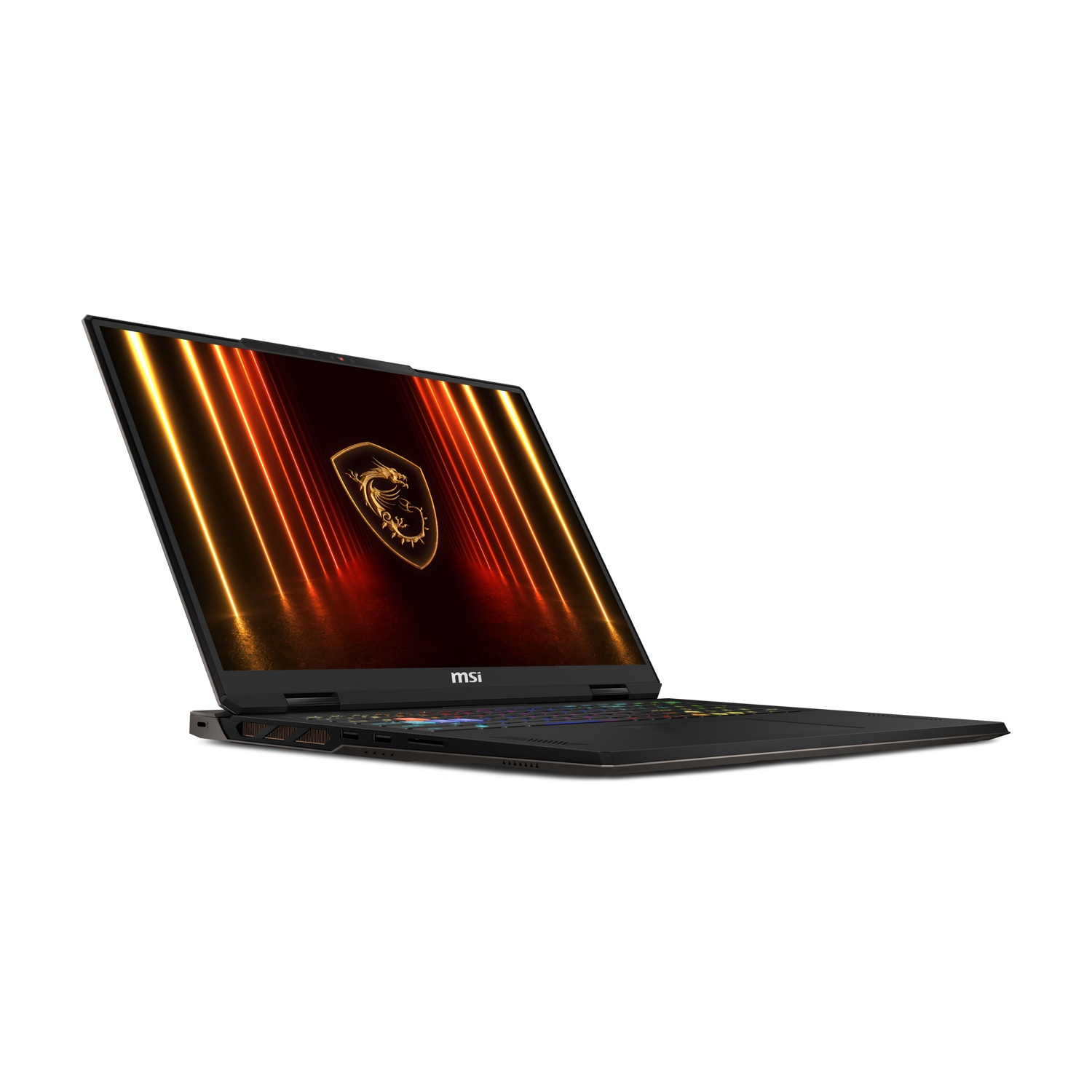 Laptop MSI nero con schermo luminoso che mostra un logo del drago. Lo sfondo è bianco.