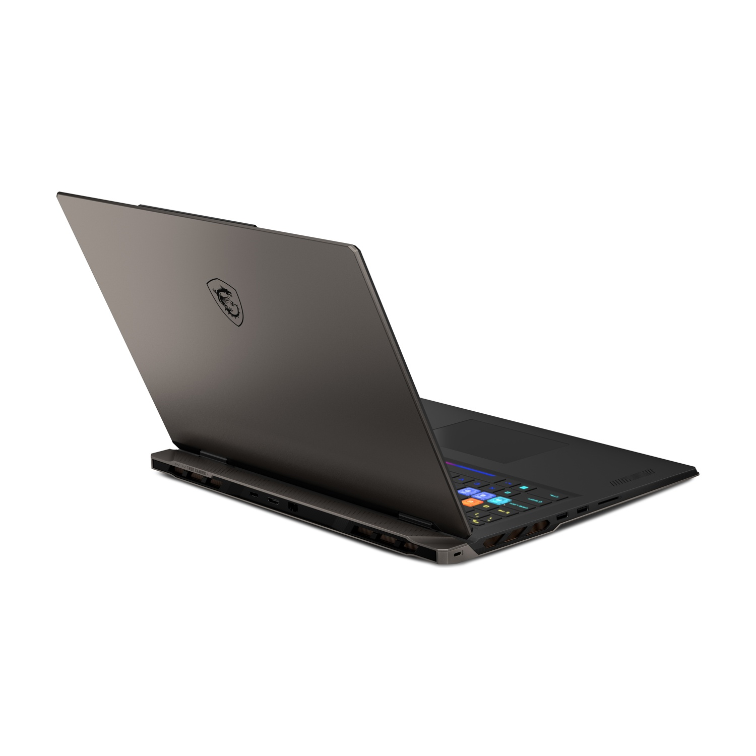 Un laptop grigio scuro è aperto, mostrando tastiera e schermo. Il logo MSI è sul coperchio. Lo sfondo è bianco.