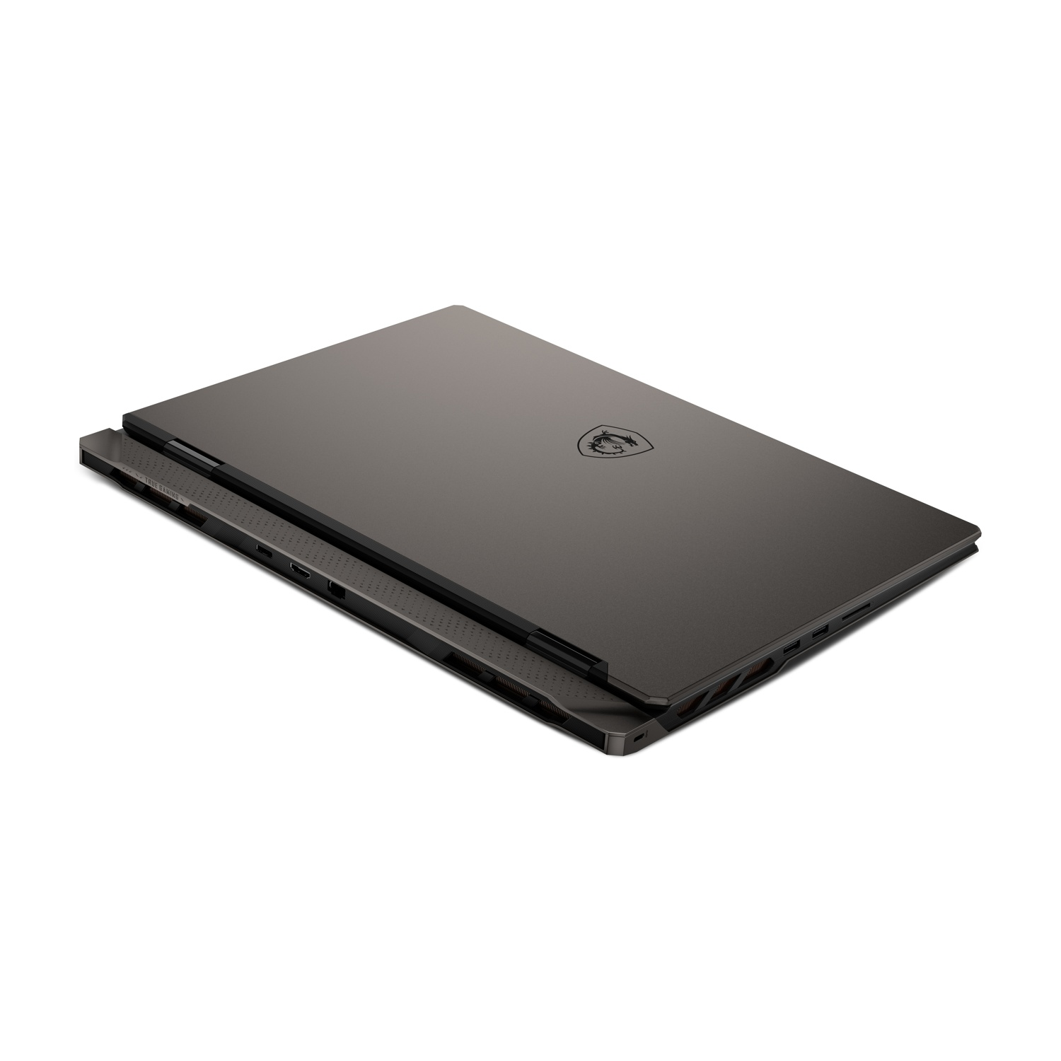 Un laptop grigio scuro chiuso su sfondo bianco. Il logo MSI è visibile. Il laptop è leggermente aperto.