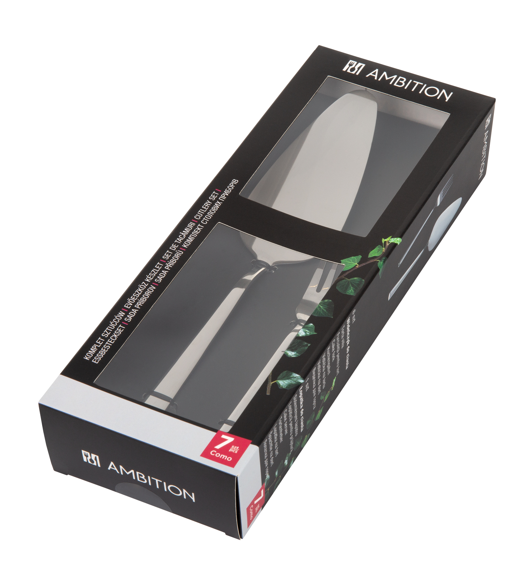 Wyświetlana jest pudełko na zestaw sztućców. Pokazuje widelec i serwer ciasta. Pudełko jest czarne z marką AMBITION.