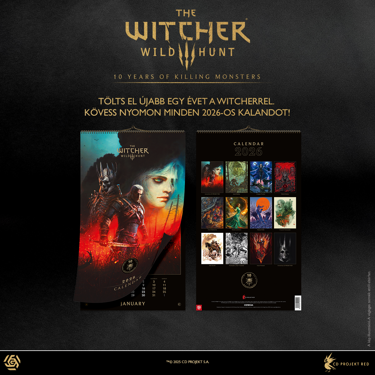 A Witcher 2026-os naptár. A játék művészeti alkotásait tartalmazza, nyitva januártól. A borítón Geralt és Yennefer látható.