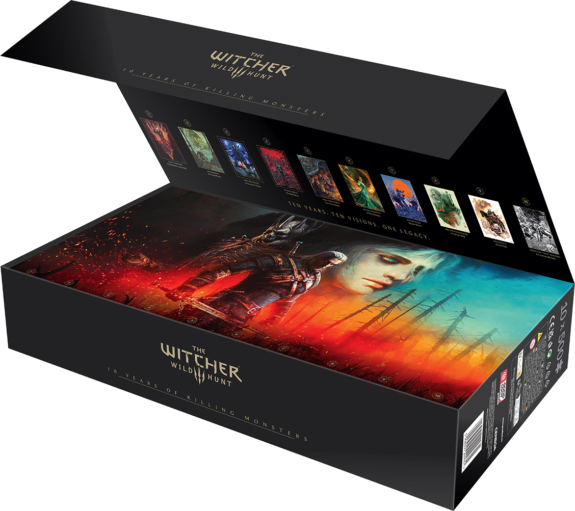 Nyitott Witcher Wild Hunt doboz. A mű Geraltot és egy nőt ábrázol, felette 10 kisebb művészeti kártyával. Szöveg: 10 év szörnyek ölése.