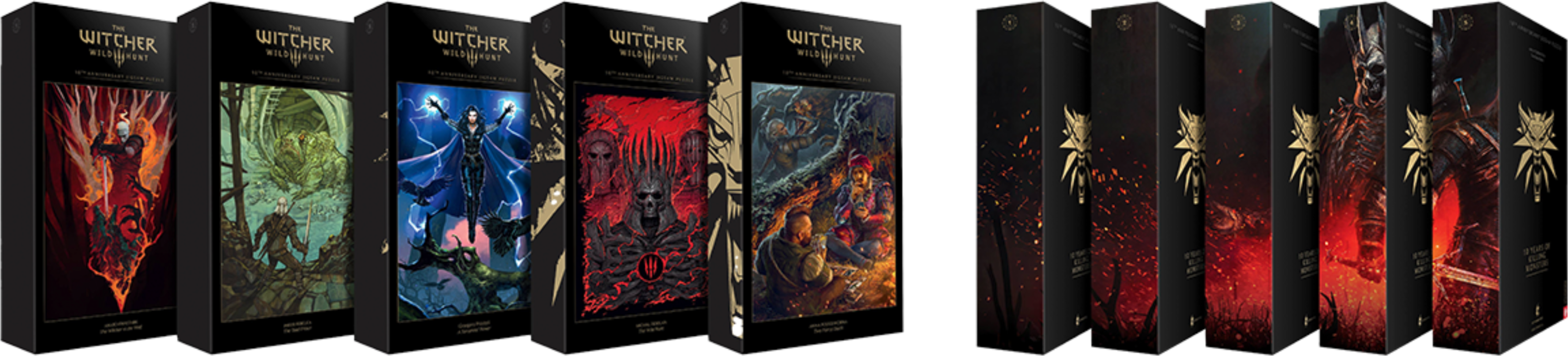 A Witcher játékdobozok sorozata. Mindegyik különböző karaktereket és jeleneteket mutat. A dobozok feketék, arany szöveggel.