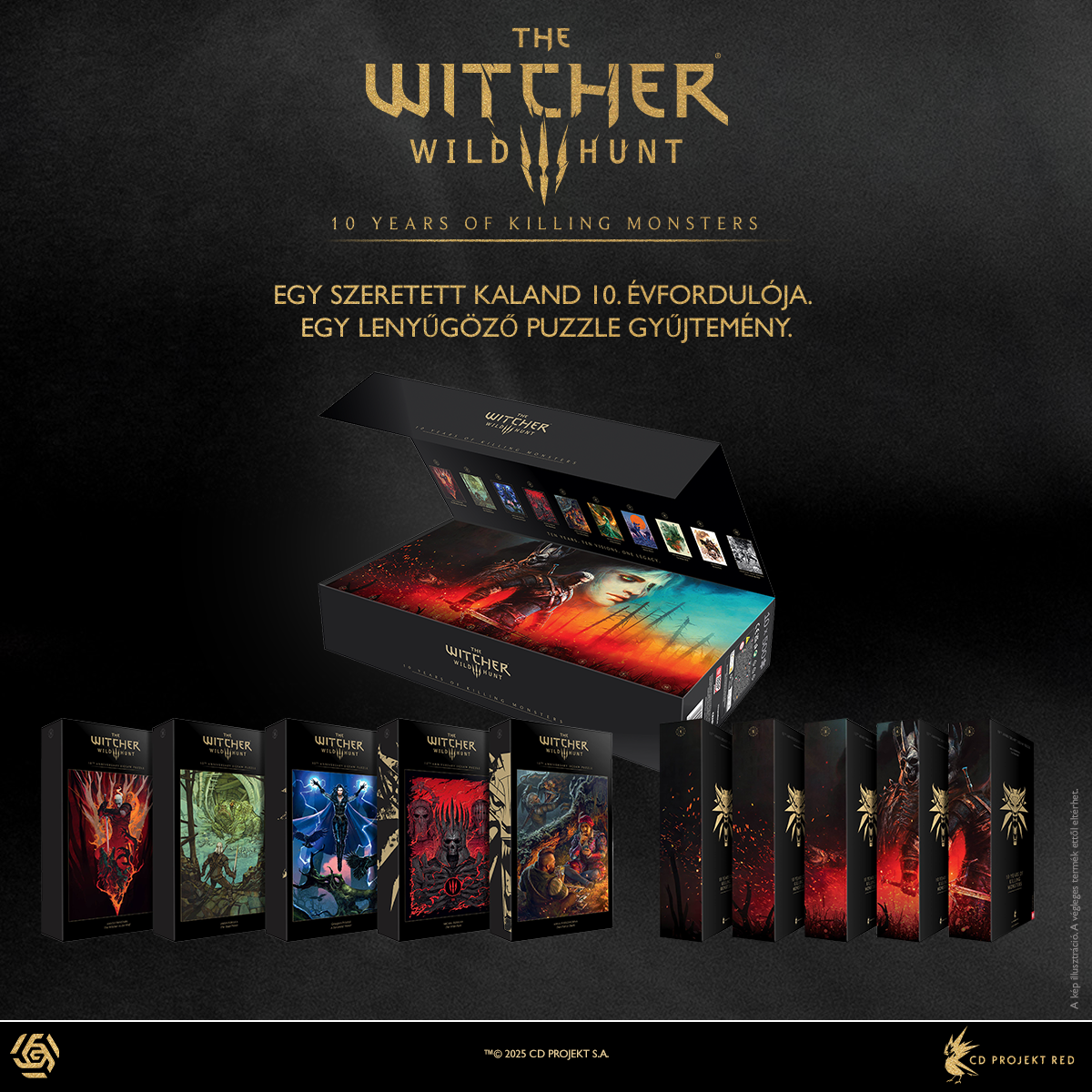 The Witcher: Wild Hunt puzzle gyűjtemény, egy nyitott dobozzal, amely kirakós darabokat és kisebb dobozokat mutat a játék grafikájával.