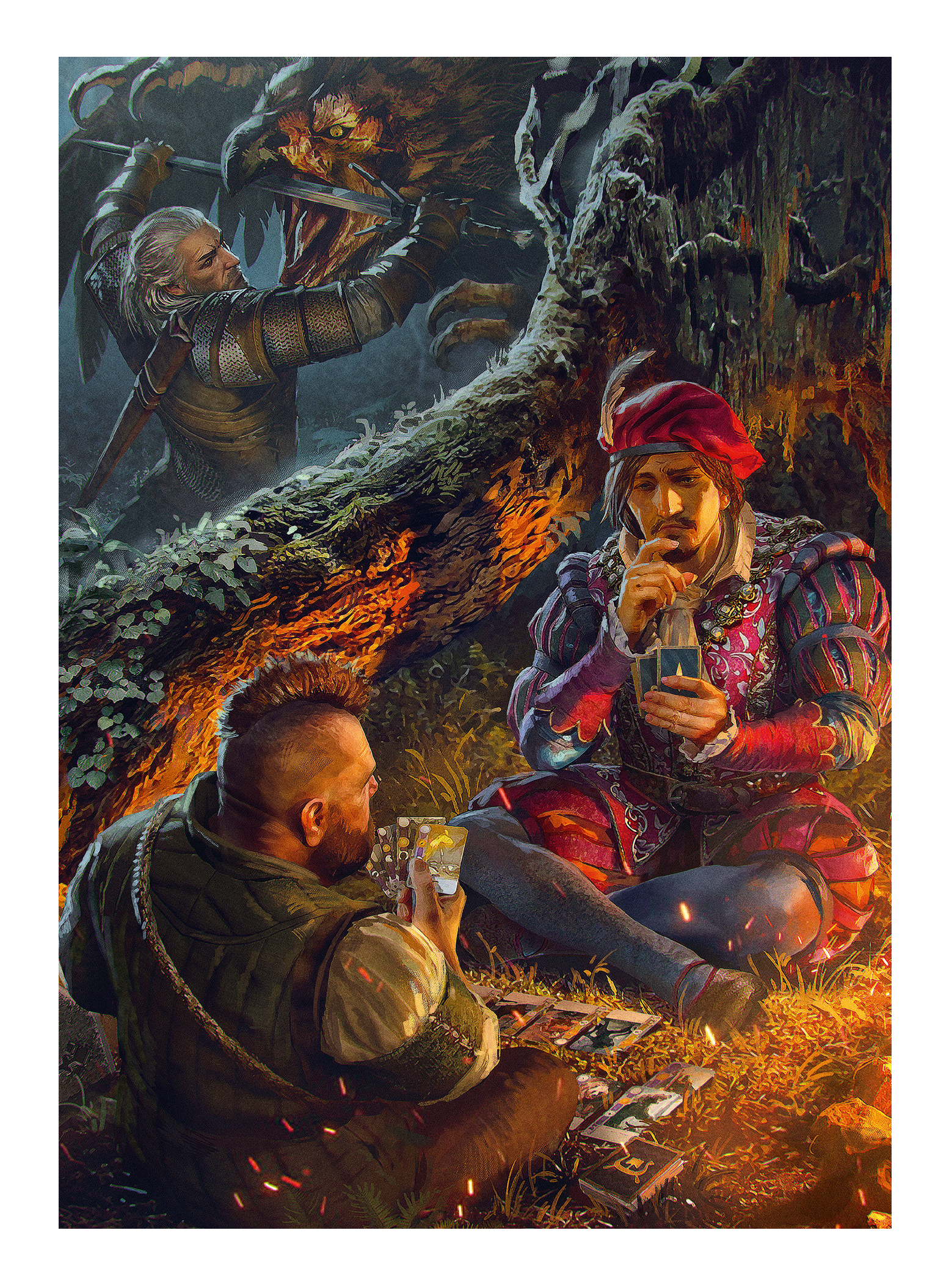 Geralt egy sárkánnyal harcol. Két férfi kártyázik egy fa közelében. Az egyik iszik, a másik a kártyákat nézi.