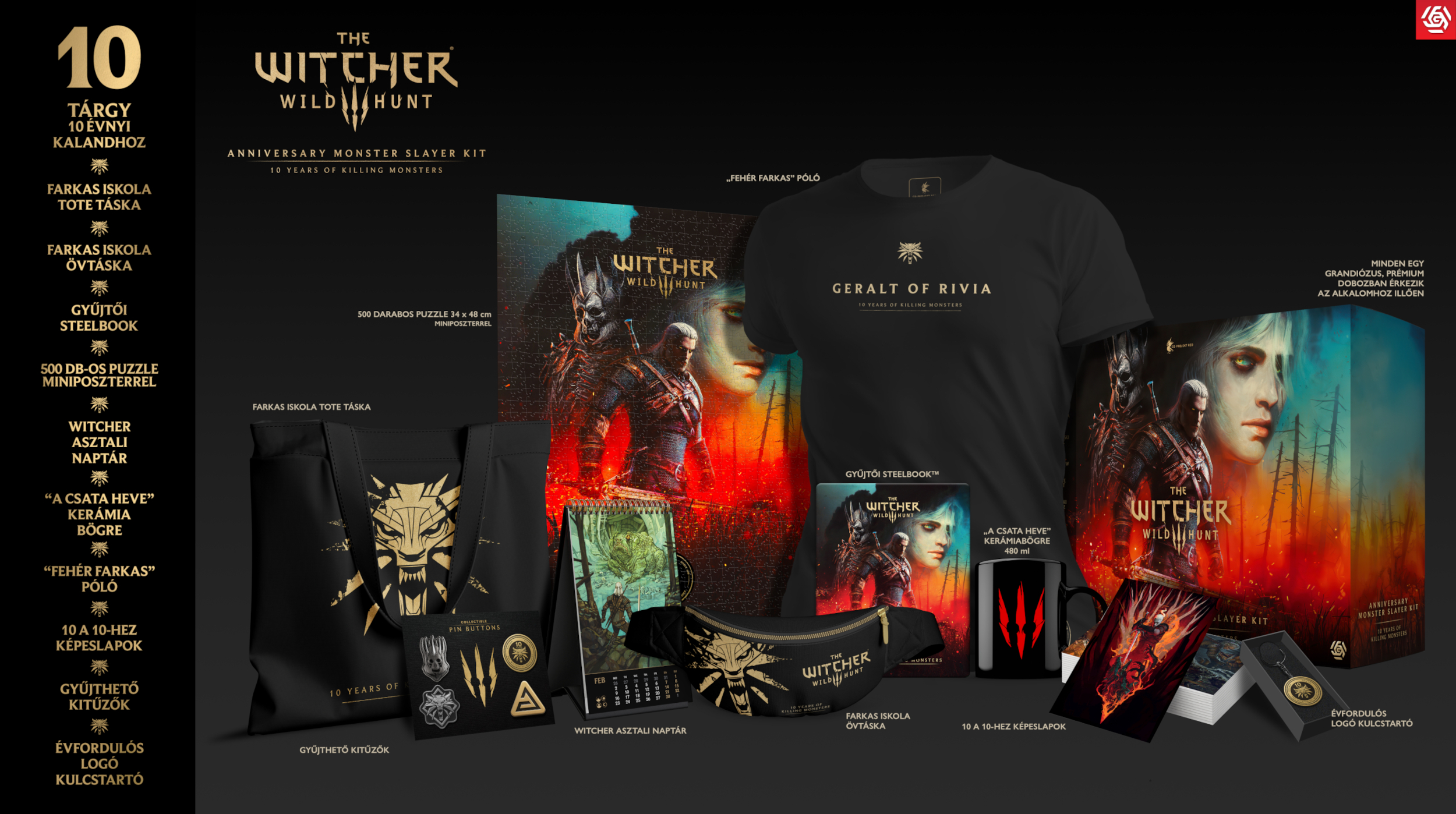 A Witcher Wild Hunt évfordulós készlete különféle árukkal, mint póló, bögre, puzzle és egyebek.