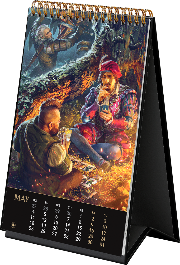 Naptár fantasy művészettel. Három férfi ül vagy áll. A májusi naptár látható. Fekete keret.