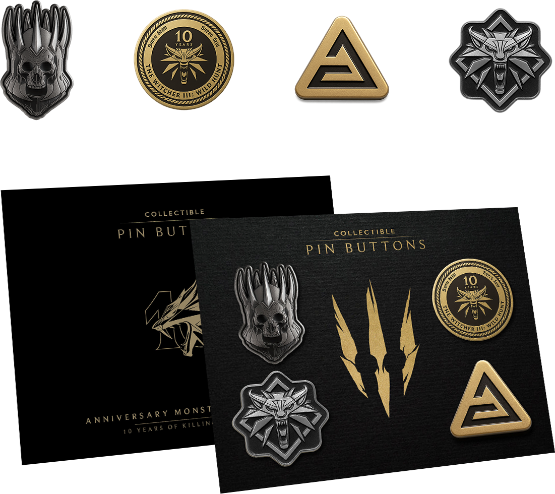 Gyűjthető kitűző gombok fekete háttéren. Koponya, farkas, háromszög és Witcher logó kitűzőket tartalmaz. A szöveg: '10 év'.