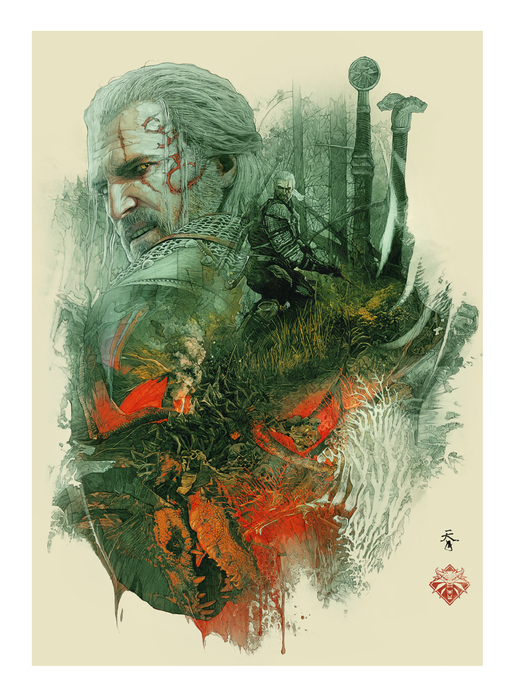 Egy Witcher művészi ábrázolása, részletes arccal és hegekkel. Egy erdei jelenet egy szörnnyel az alján. Két kard látható.