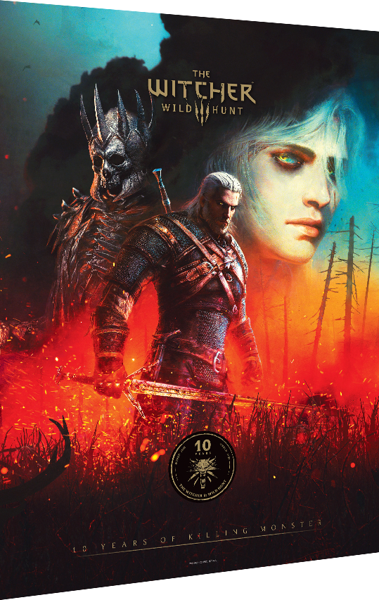 A Witcher 3 posztere. Geralt karddal, mögötte egy lény, Ciri arca, tüzes háttér, logó és szöveg.