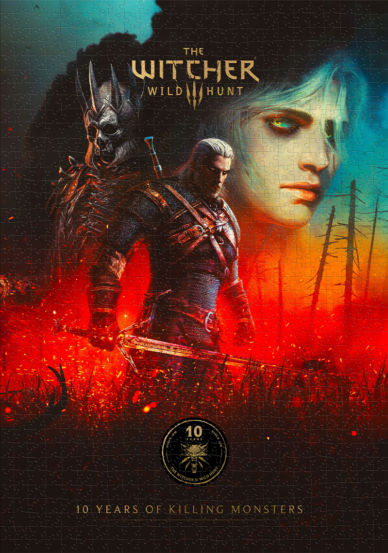 A Witcher 3 poszter. Geralt karddal, Ciri arca, egy szörny és vörös lángok a háttérben. 10 éves évfordulós logó.