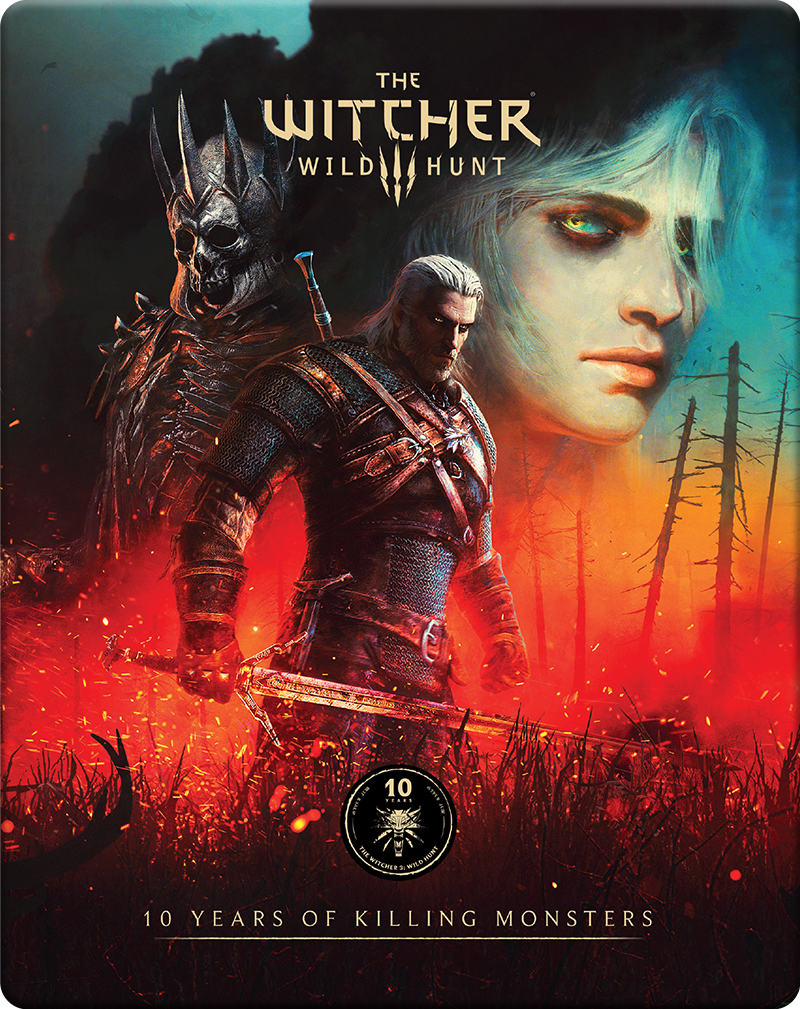 A The Witcher 3 játék borítója. Geralt kardot tart. Egy szörny és egy nő arca van mögötte. A háttér piros.