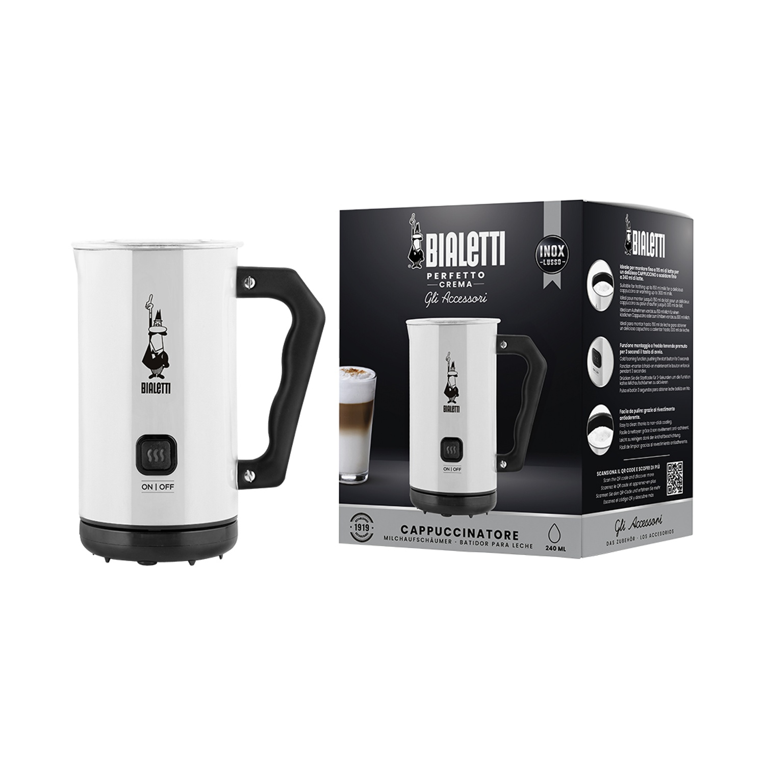 Montalatte Bialetti bianco con manico e base neri e la sua scatola, su sfondo bianco.