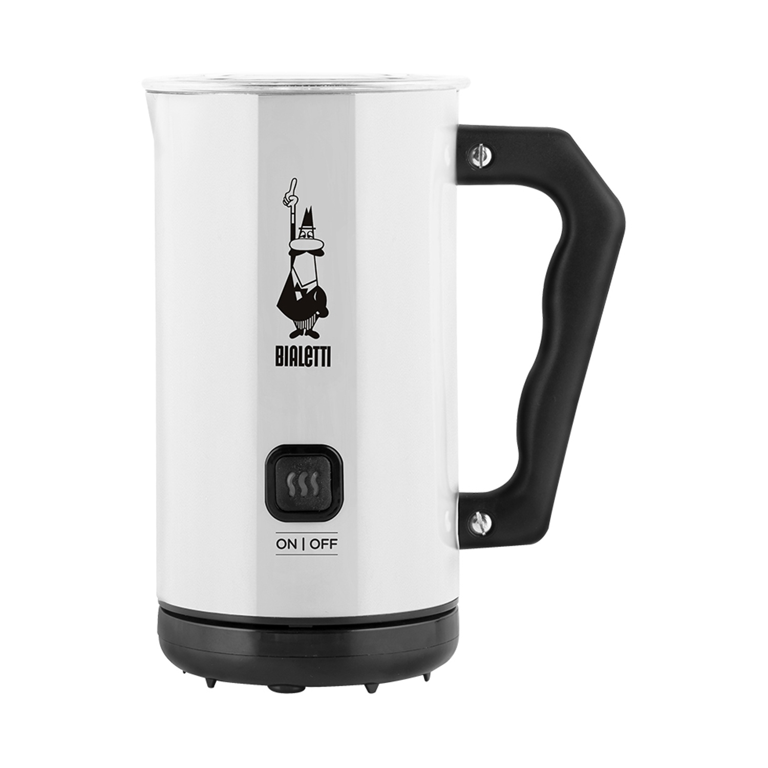 Un montalatte Bialetti bianco con manico e base neri. Ha un pulsante on/off e un logo Bialetti.