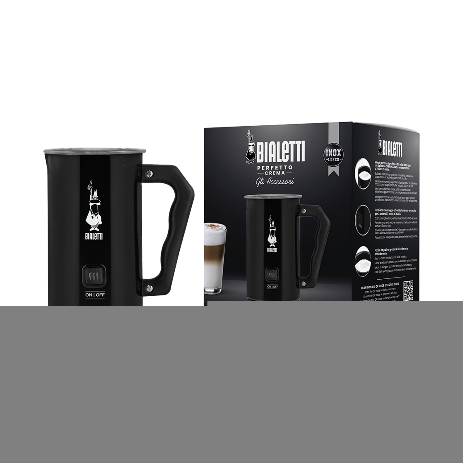 Montalatte Bialetti nero con manico, scatola con testo e un cappuccino.