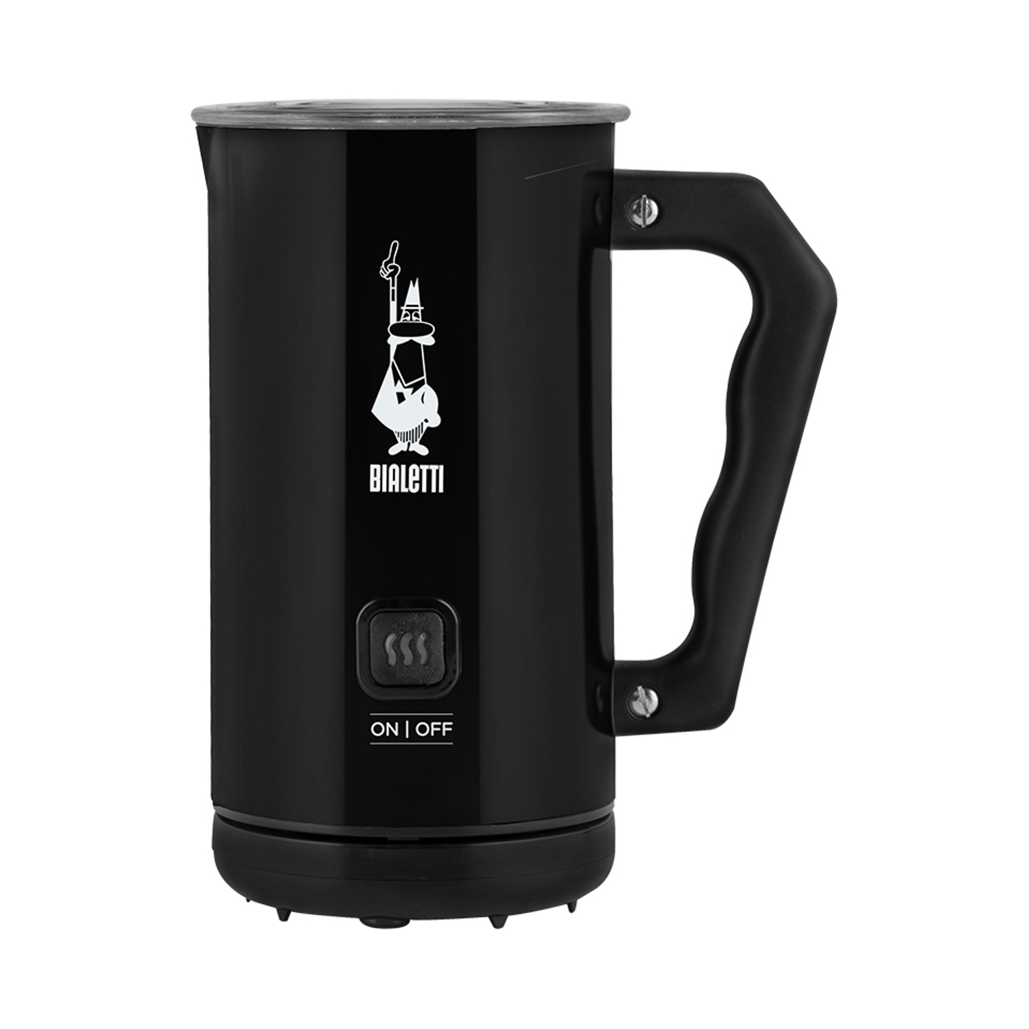 Montalatte Bialetti nero con manico e interruttore on/off. Il logo raffigura un uomo con baffi e cappello.