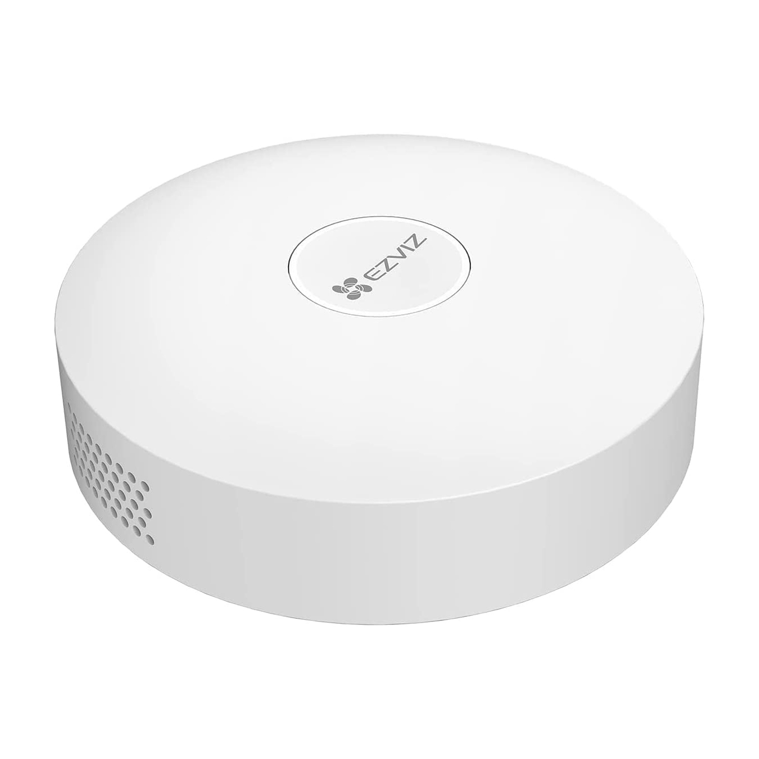 Un dispositivo EZVIZ bianco e rotondo. Ha una parte superiore leggermente a cupola e una base cilindrica con fori di ventilazione. Il logo EZVIZ è in alto.