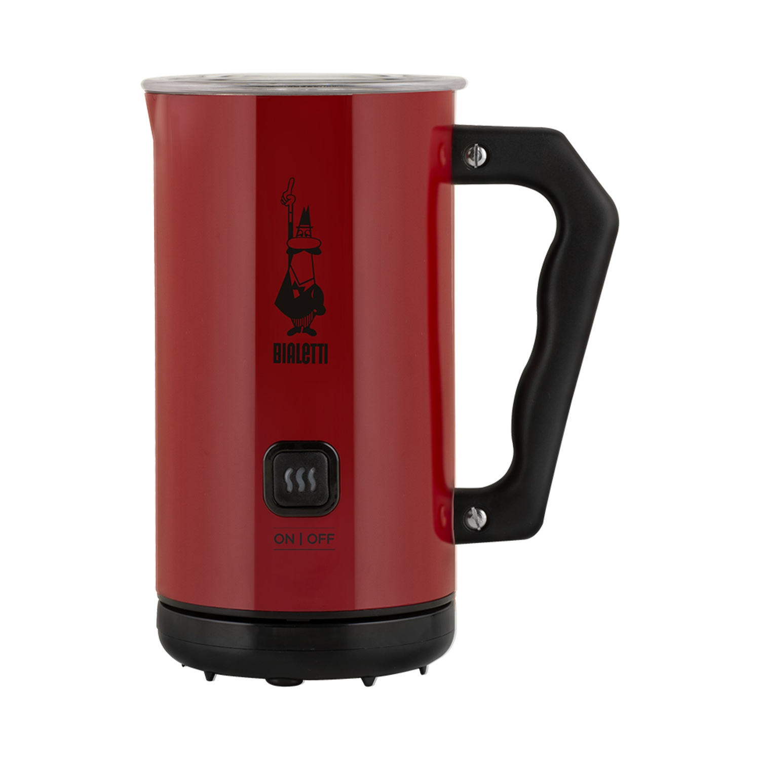 Un montalatte Bialetti rosso con manico nero, pulsante on/off e coperchio argentato. Il logo Bialetti è visibile.
