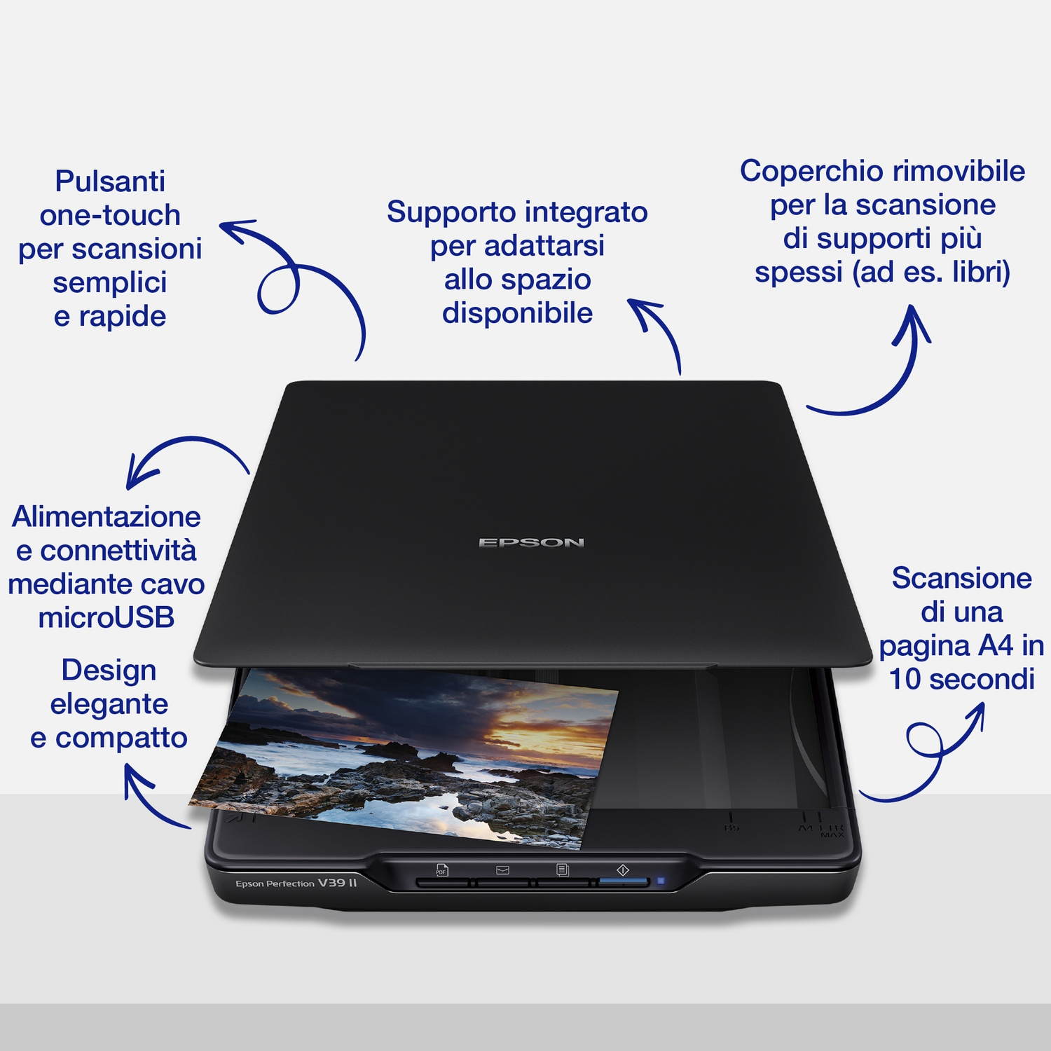 Uno scanner Epson con un'immagine all'interno. Le caratteristiche includono pulsanti one-touch, un coperchio rimovibile e connettività microUSB.