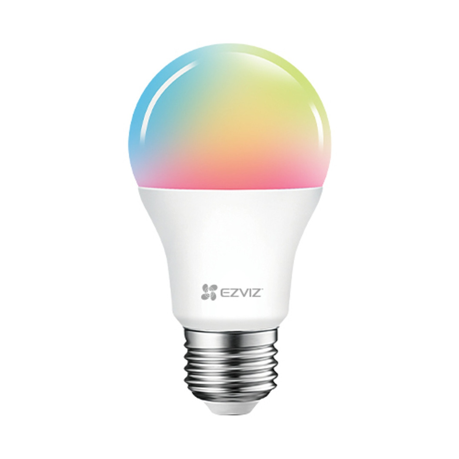 Una lampadina intelligente. La lampadina è bianca con una parte superiore a gradiente colorato. Il logo EZVIZ è sulla base bianca.