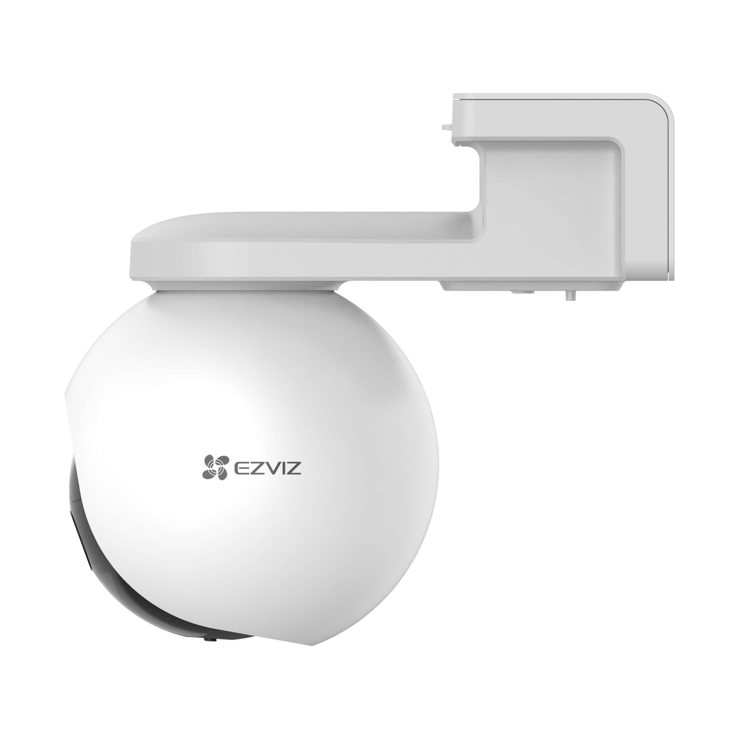 Una telecamera di sicurezza EZVIZ bianca. Ha un corpo arrotondato e una staffa per il montaggio. Il logo è visibile sulla parte anteriore.