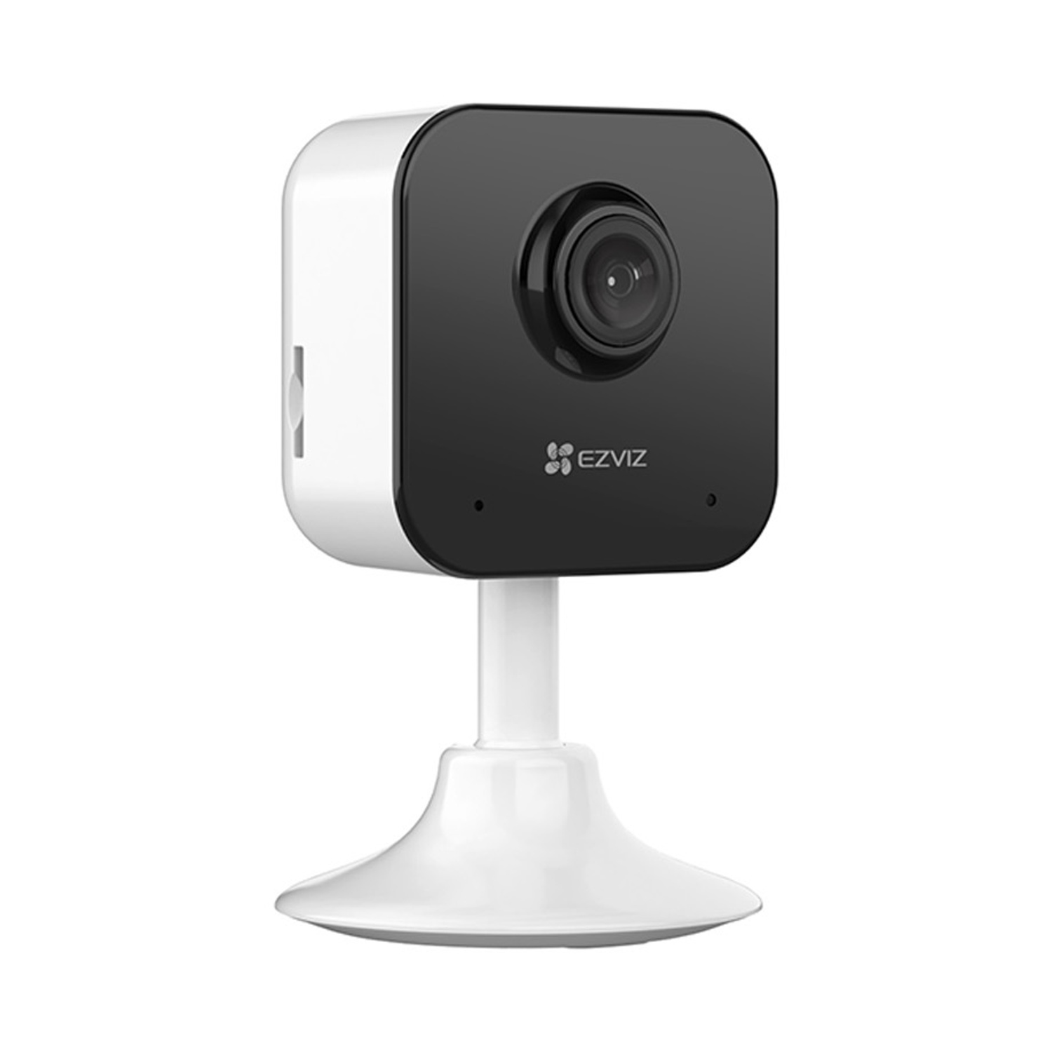 Una telecamera di sicurezza bianca e nera. Ha un design quadrato con un obiettivo ed è montata su un supporto bianco.