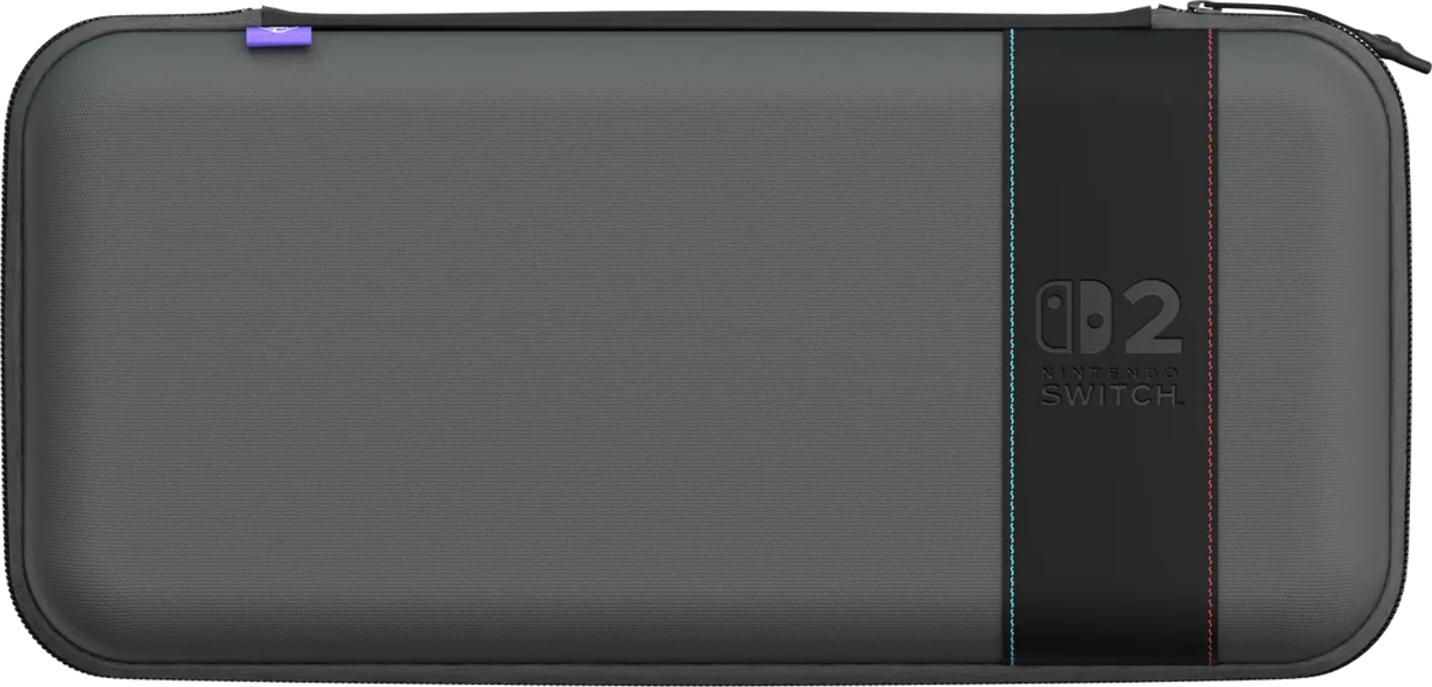Une housse grise Nintendo Switch. Elle a une bande noire avec le logo Nintendo Switch et des coutures bleues et rouges sur les côtés.