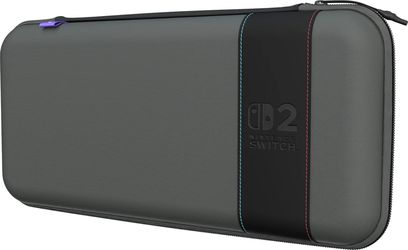 Une housse grise Nintendo Switch avec un panneau central noir. Elle comporte le logo Nintendo Switch et une fermeture éclair.