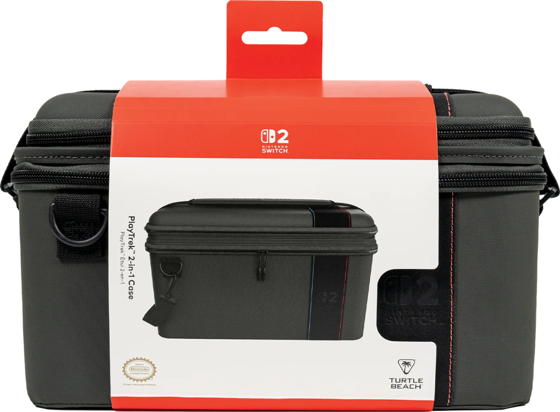 Une housse noire PlayTrek 2-en-1 pour Nintendo Switch, avec des accents rouges et bleus. Emballée dans une boîte avec la marque Nintendo Switch.