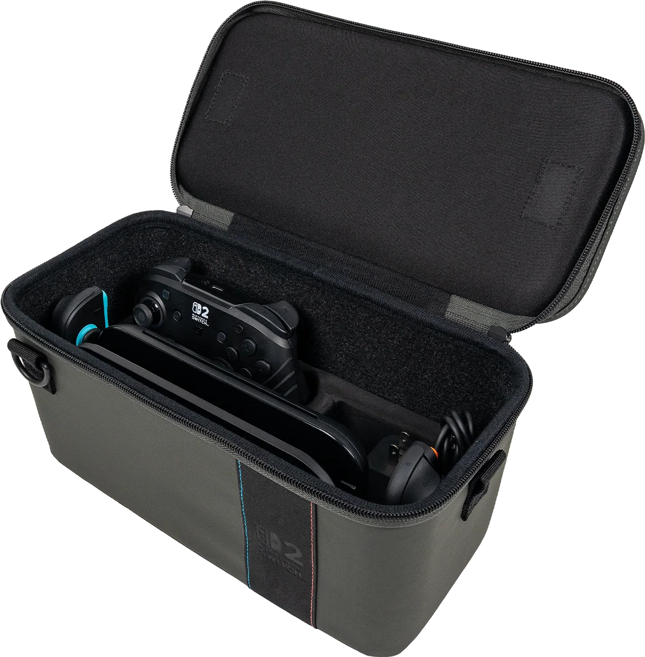 Étui gris ouvert avec console Switch, manette et accessoires à l'intérieur. L'étui a une fermeture éclair et une poignée, sur fond noir.