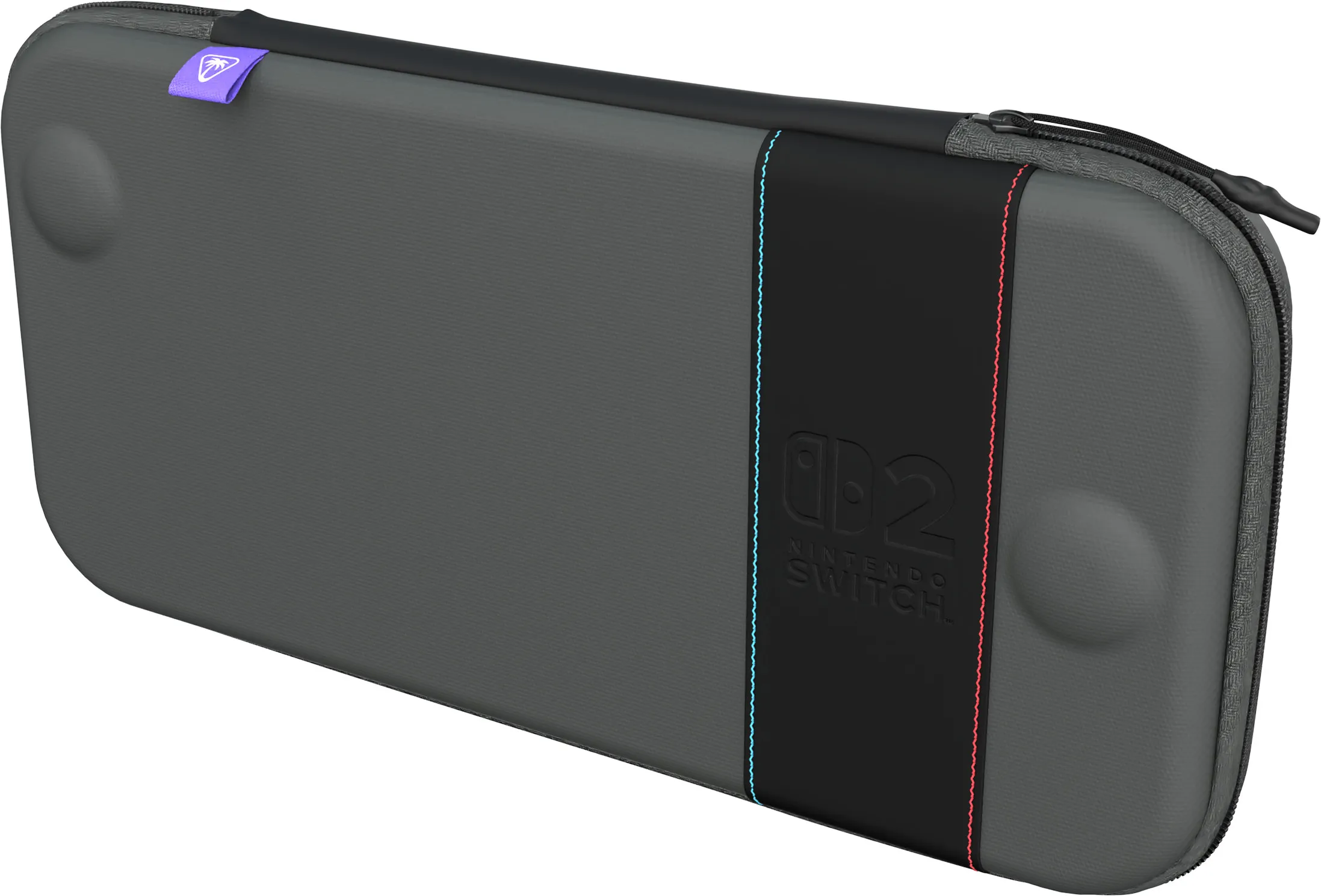 Une housse grise pour Nintendo Switch. Elle a une bande noire avec le logo Nintendo Switch, des lignes bleues et rouges et une fermeture éclair.