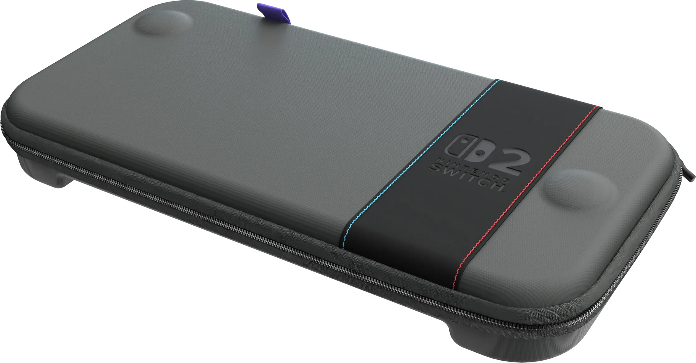 Une housse grise pour Nintendo Switch. Elle comporte une bande noire avec le logo Nintendo Switch. Lignes bleues et rouges sur la bande.