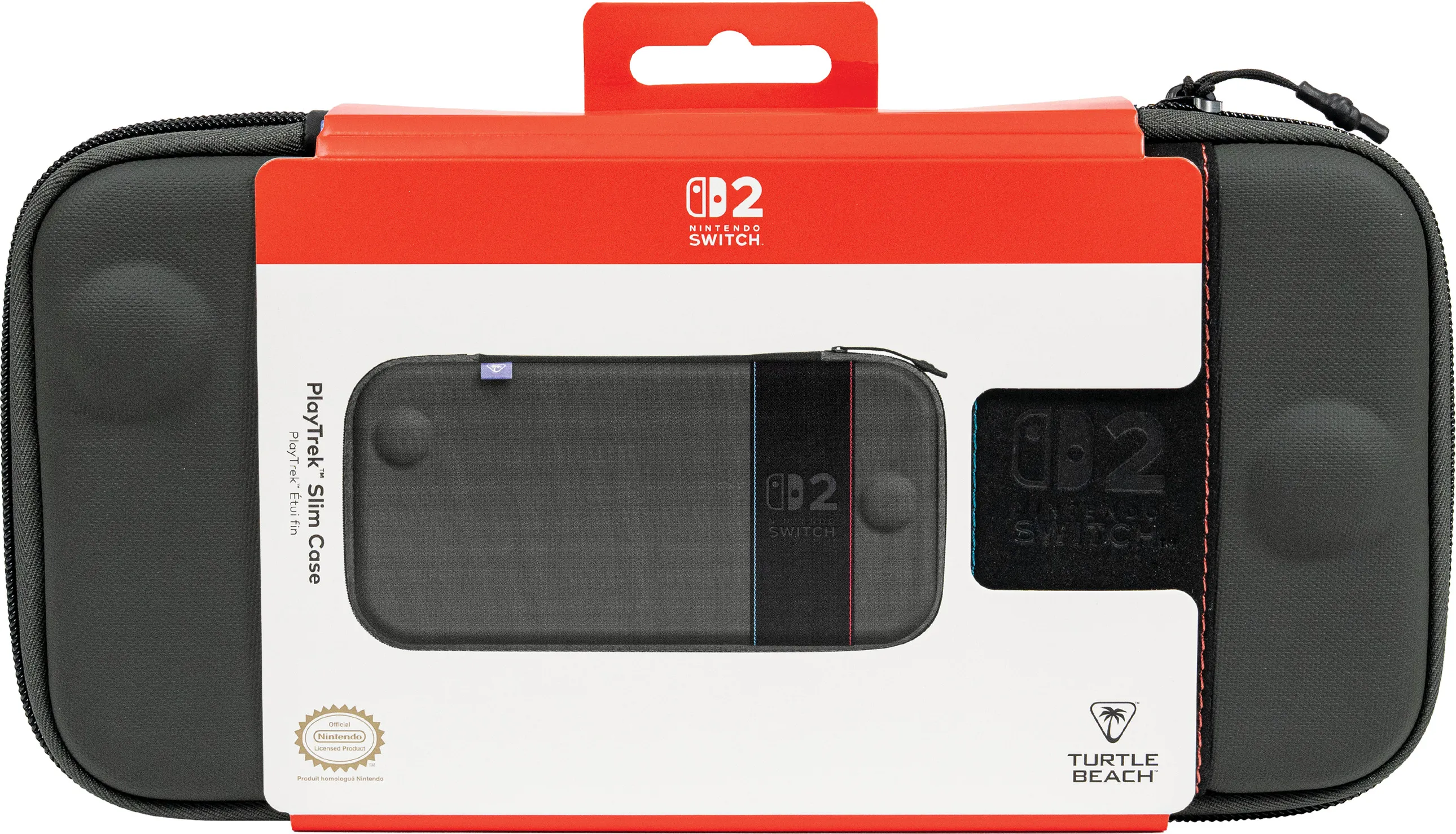 Un étui Nintendo Switch dans une boîte. L'étui est gris avec une bande noire. La boîte est rouge et blanche.