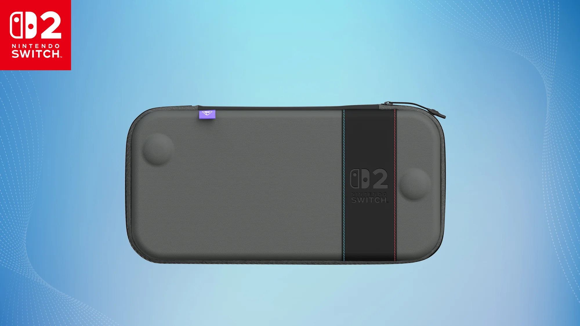 Étui de transport Nintendo Switch. Étui gris avec bande noire, logo et fond dégradé bleu.