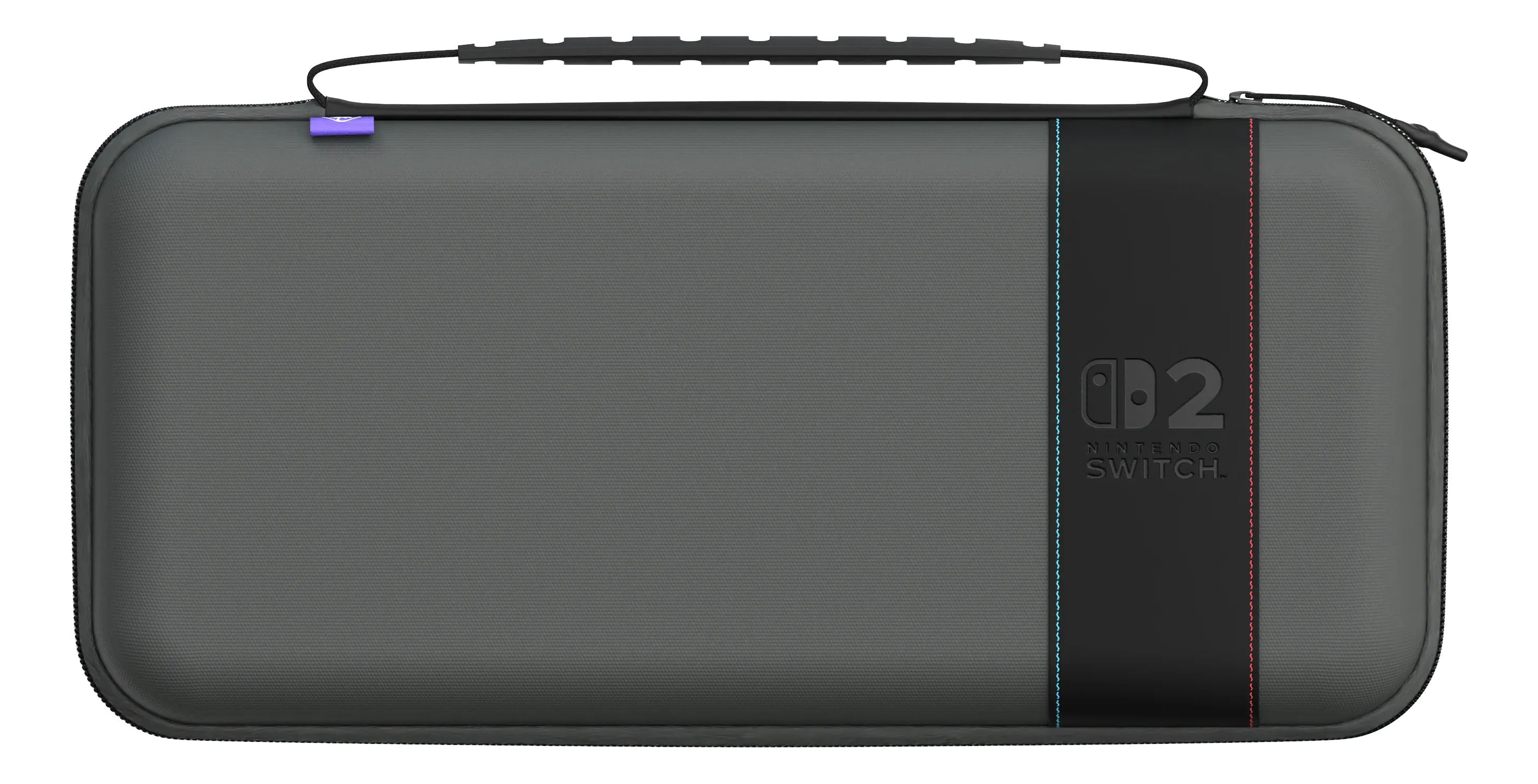 Una custodia grigia per Nintendo Switch. Ha una striscia nera con il logo Nintendo Switch. Ha una maniglia e una cerniera.