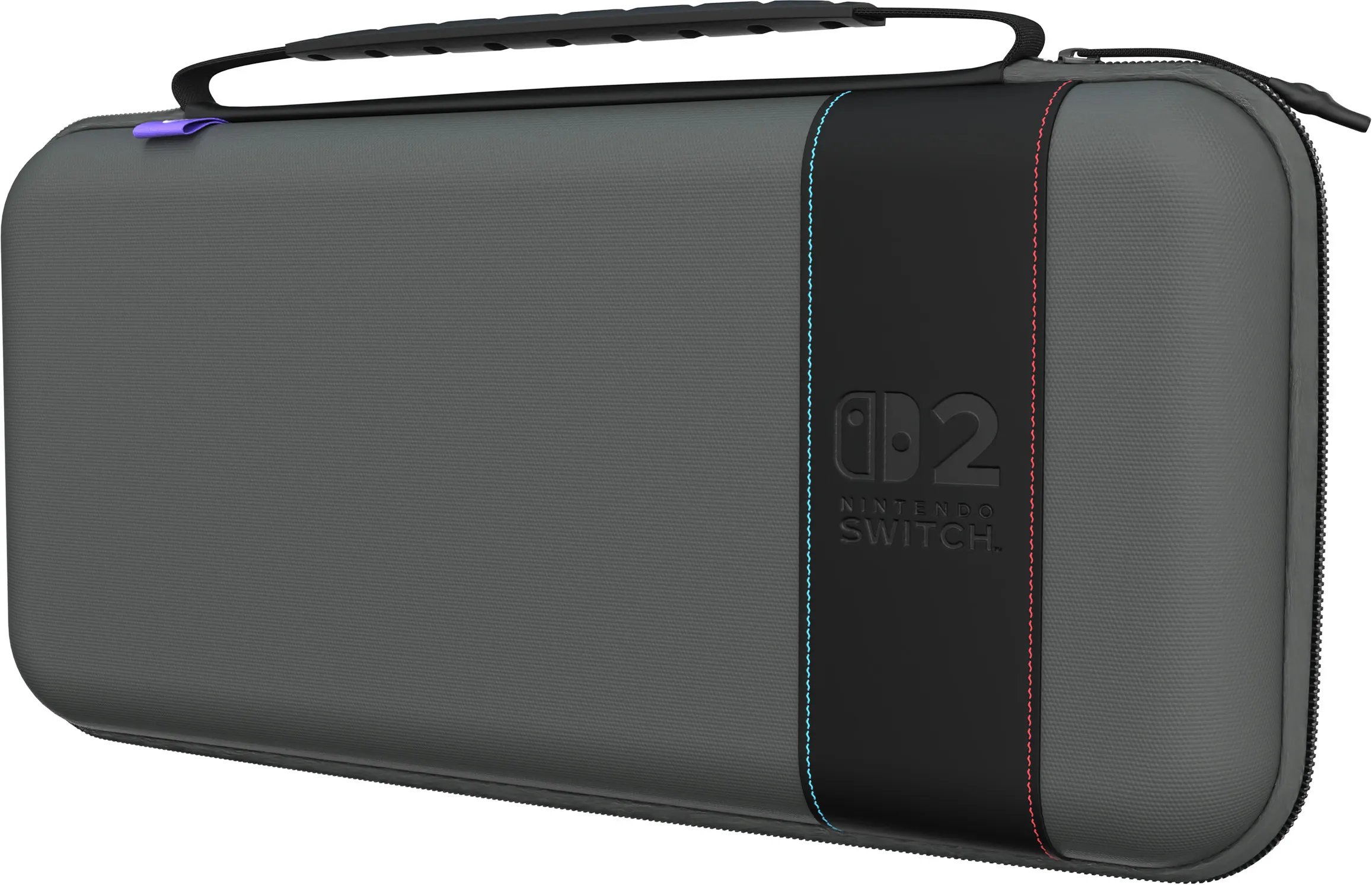 Una custodia grigia per Nintendo Switch con manico nero, striscia nera e logo Nintendo Switch. Cuciture blu e rosse.