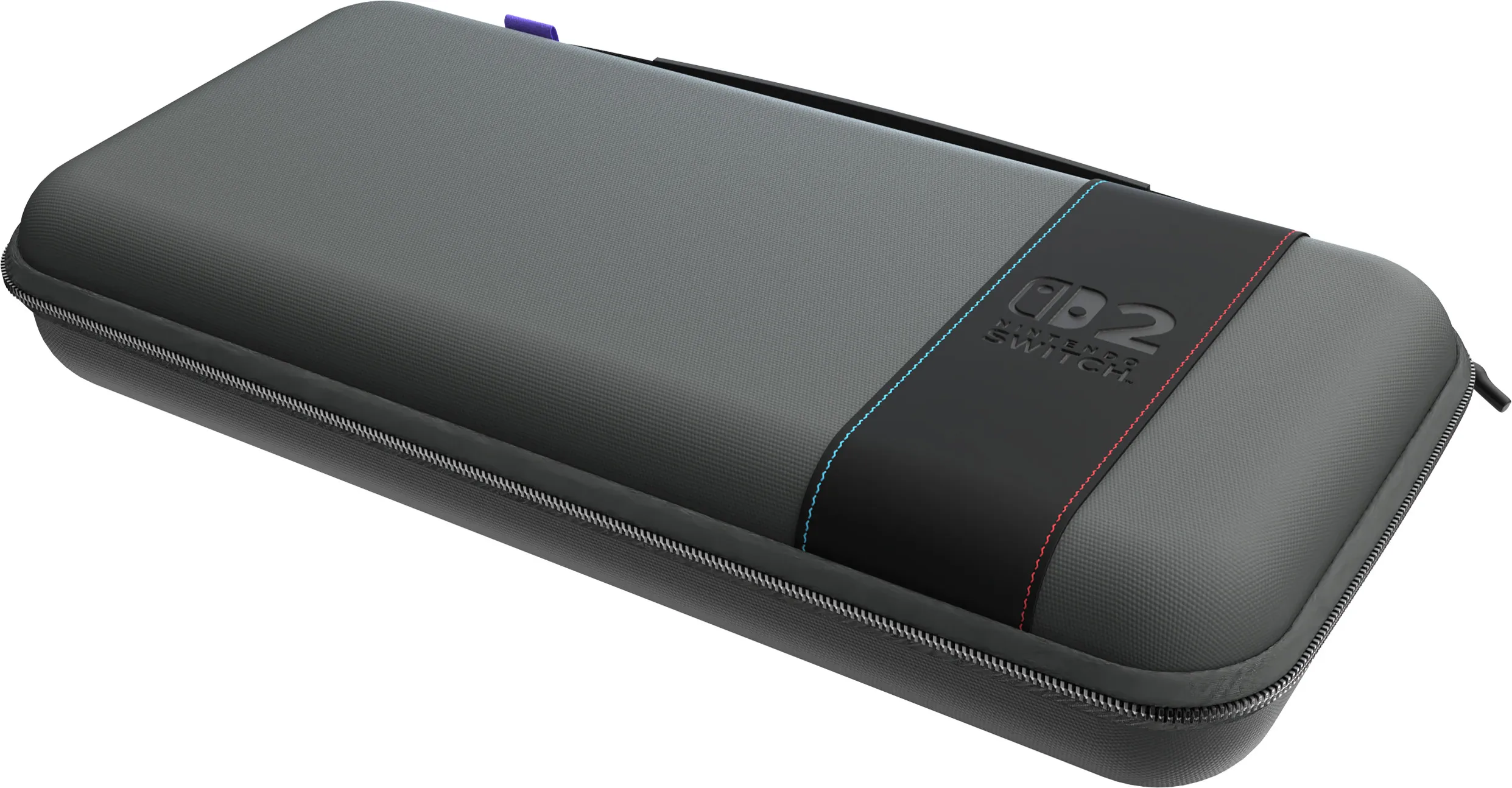 Una custodia grigia per Nintendo Switch con una fascia nera. La custodia ha una cerniera, una linguetta viola e il logo Nintendo Switch.