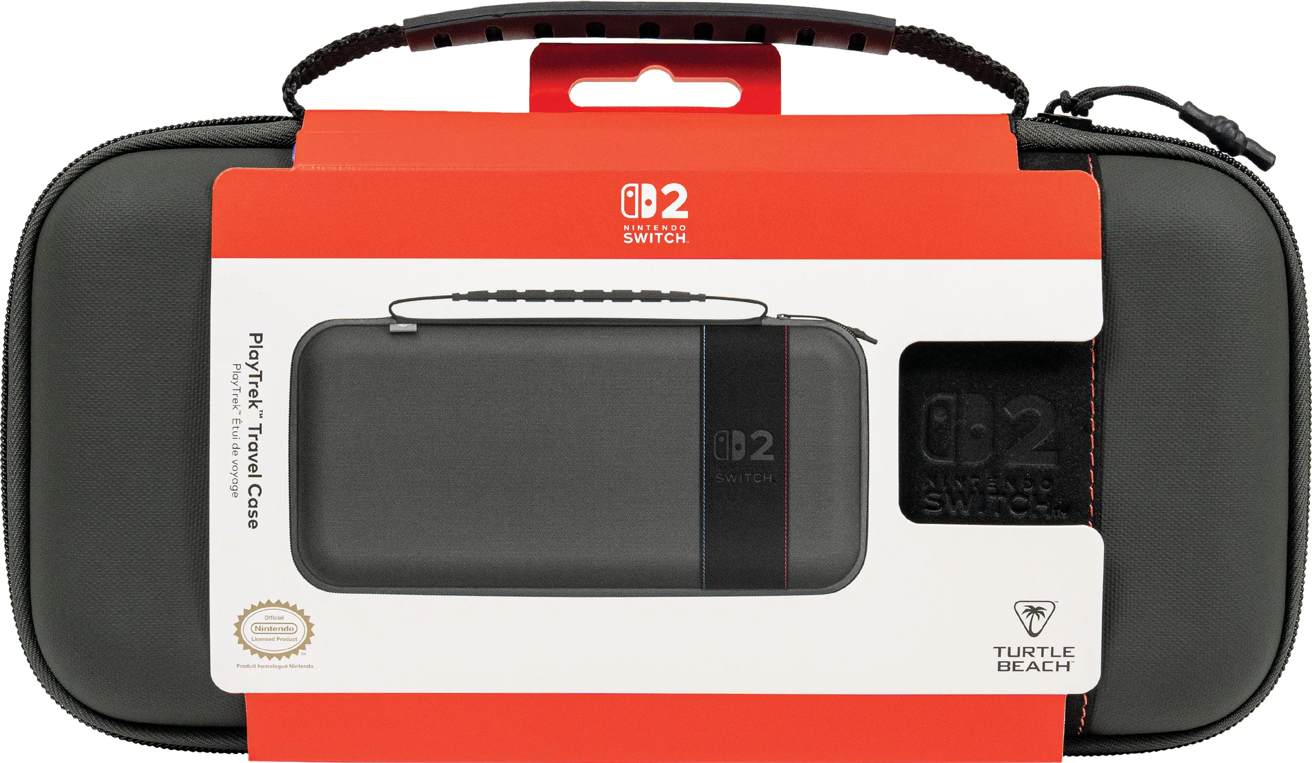 Una custodia da viaggio nera per Nintendo Switch con confezione arancione. La custodia ha una maniglia e il logo Nintendo Switch.