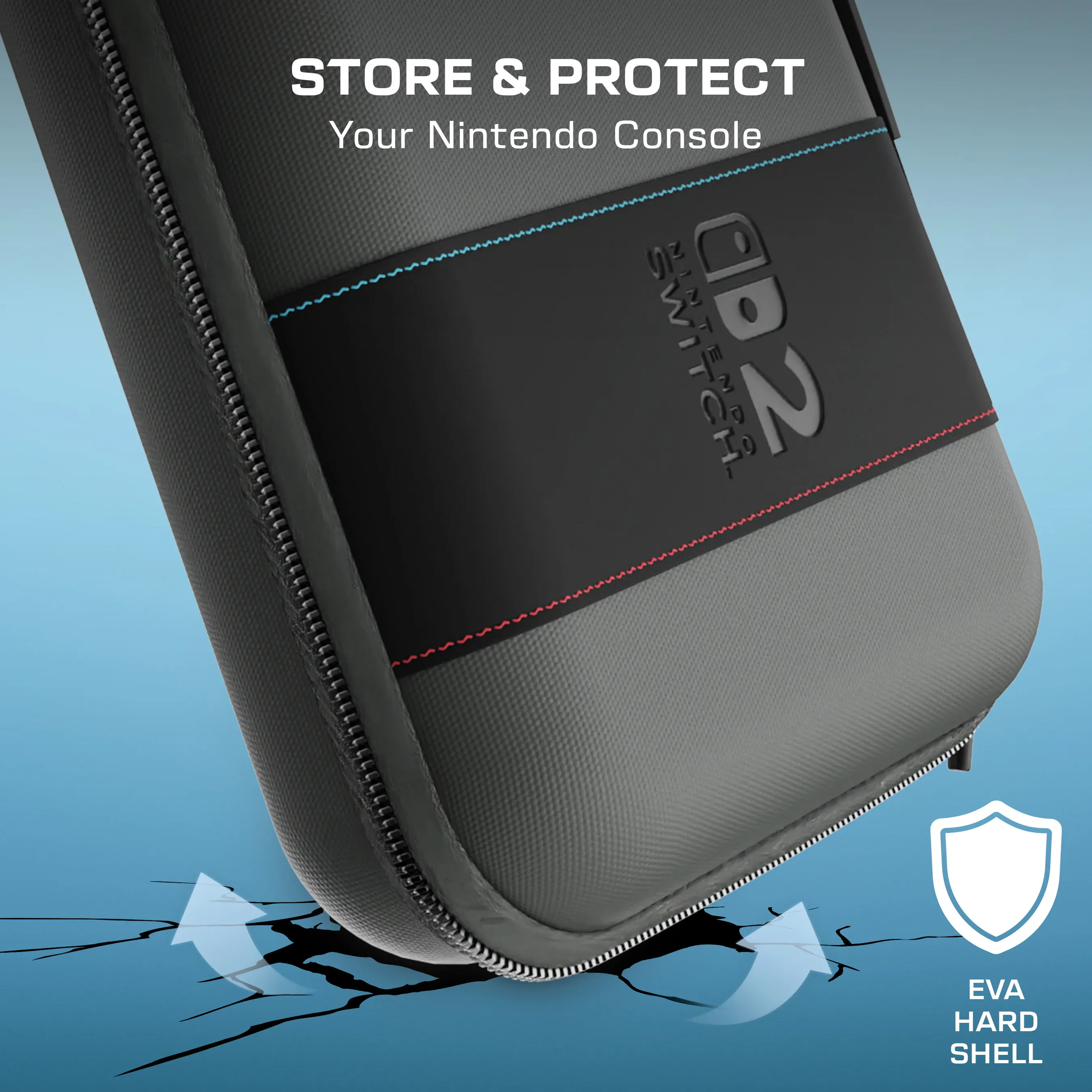 Viene mostrata una custodia grigia per Nintendo Switch, con cerniera. Il testo dice 'Store & Protect'. Viene mostrato un guscio rigido in EVA.