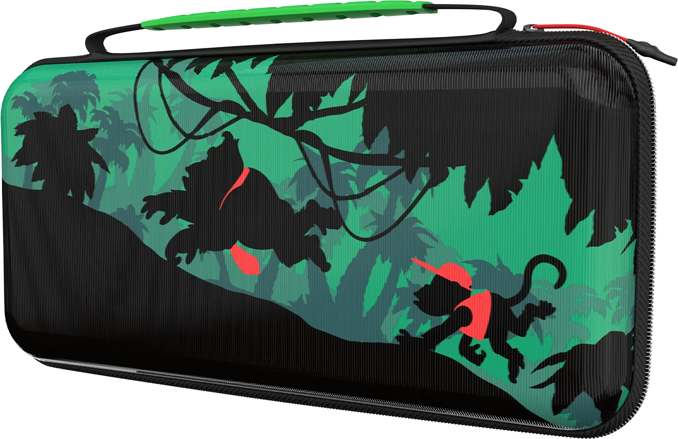 Una custodia per Nintendo Switch con un design a giungla con sagome di scimmie, alberi e una combinazione di colori verde e nero.