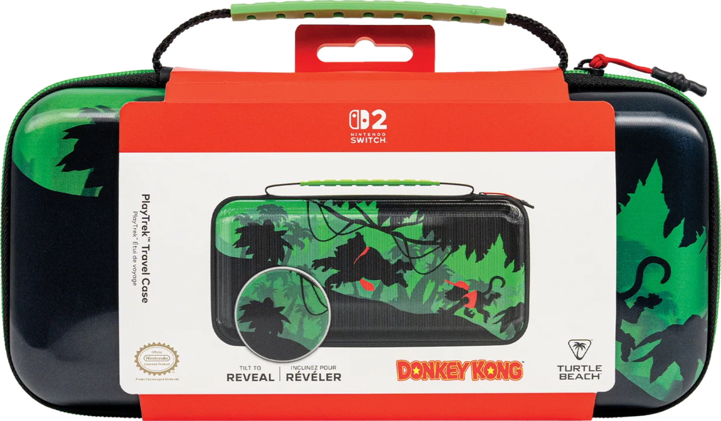 Una custodia da viaggio di Donkey Kong per Nintendo Switch, nera e verde con design giungla e il logo Donkey Kong.