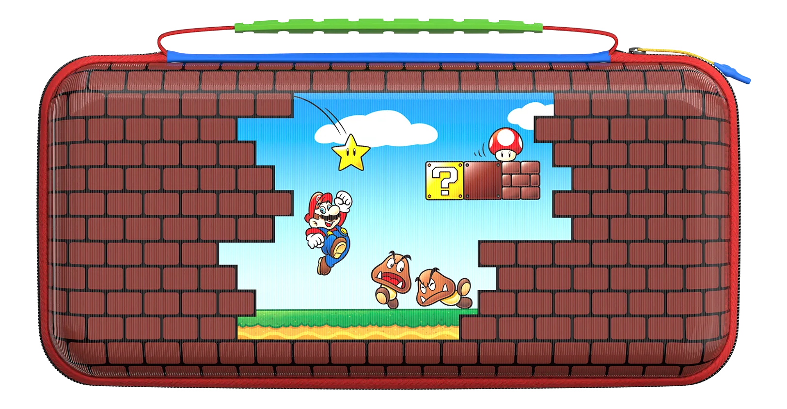 Custodia che mostra una scena di Mario. Mario salta vicino ai Goomba. Una stella, un fungo e un blocco punto sono sullo sfondo.