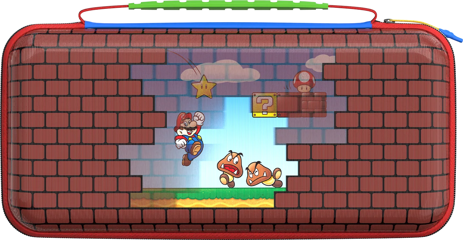 Custodia con Mario che salta, Goomba, una stella e un blocco punto interrogativo in un ambiente di mattoni.