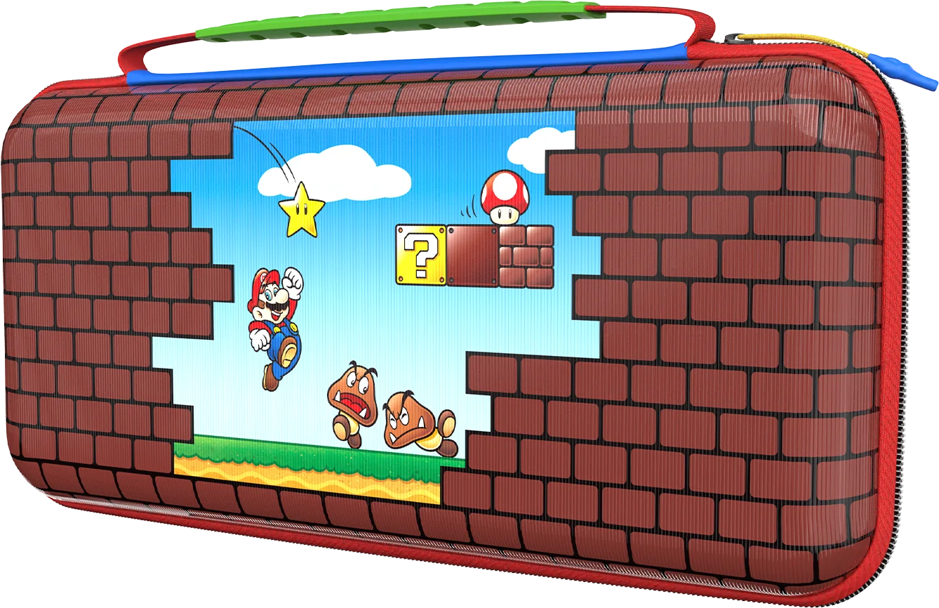 Custodia che raffigura una scena di Mario. Mario salta, i Goomba corrono. Sono presenti una stella e un fungo. Il muro di mattoni incornicia la scena.