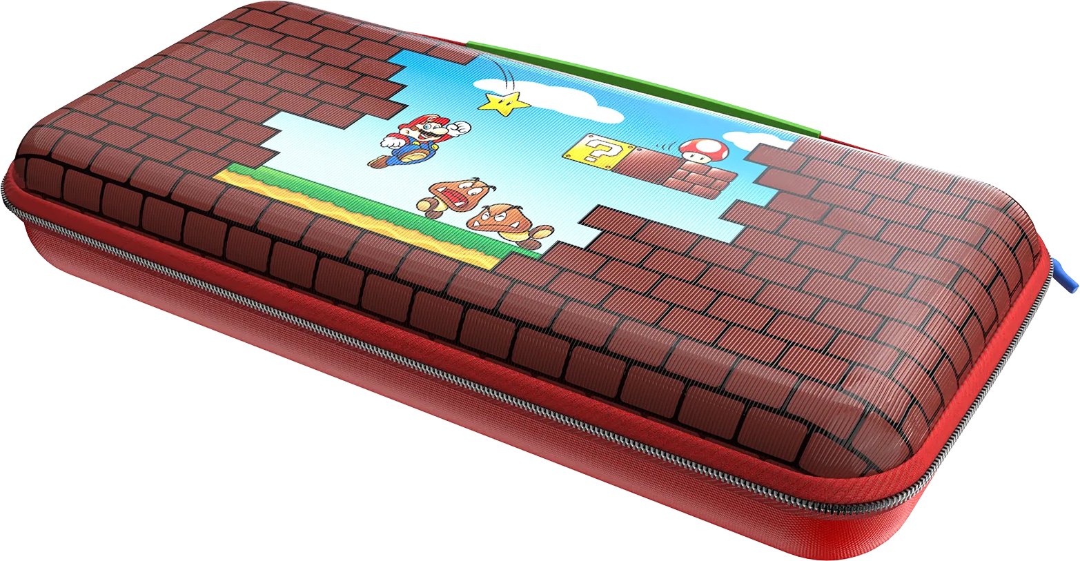 Una custodia rossa con un motivo a mattoni e una scena di Mario. Mario salta, i Goomba corrono e una stella e un fungo sono visibili.