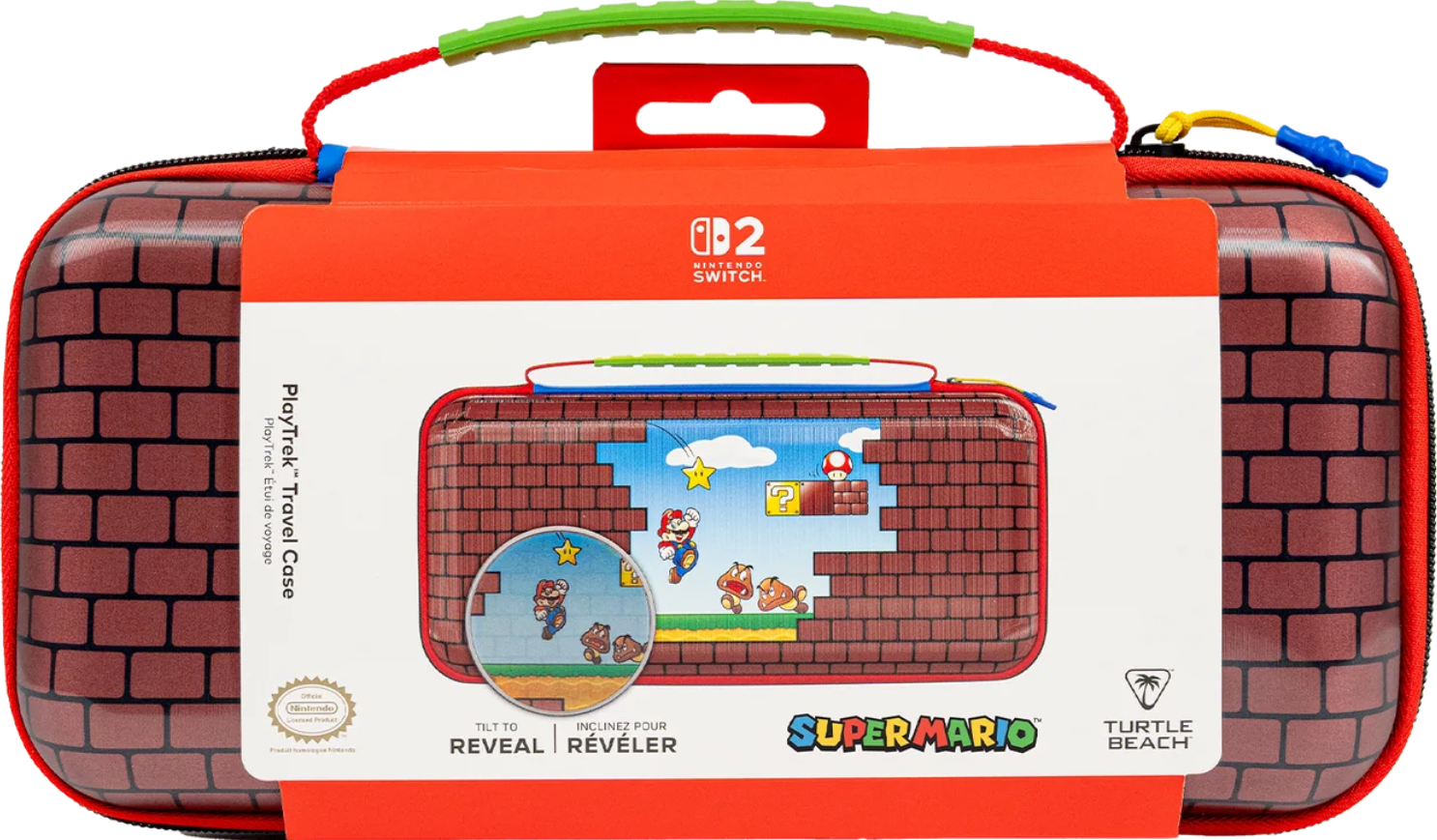 Una custodia da viaggio Super Mario per Nintendo Switch. È rossa, con un motivo a mattoni. Contiene una scena di Mario e il logo Nintendo Switch.
