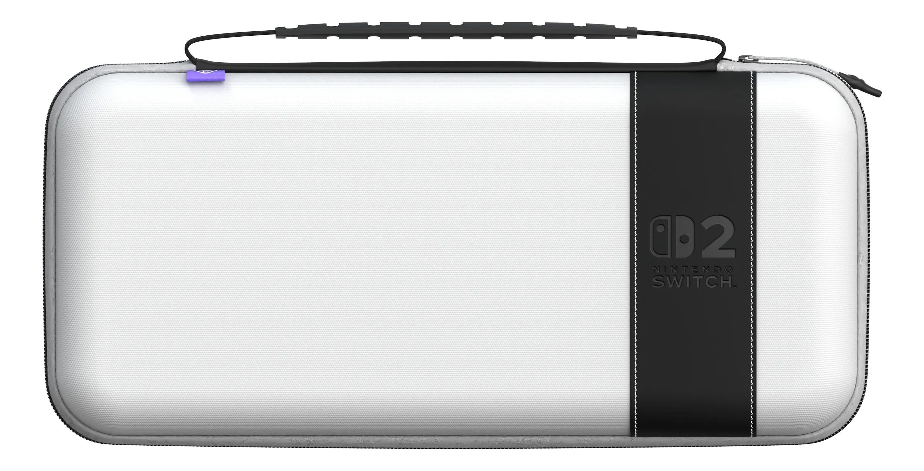 Étui blanc Nintendo Switch avec poignée noire et bande noire avec logo Nintendo Switch.